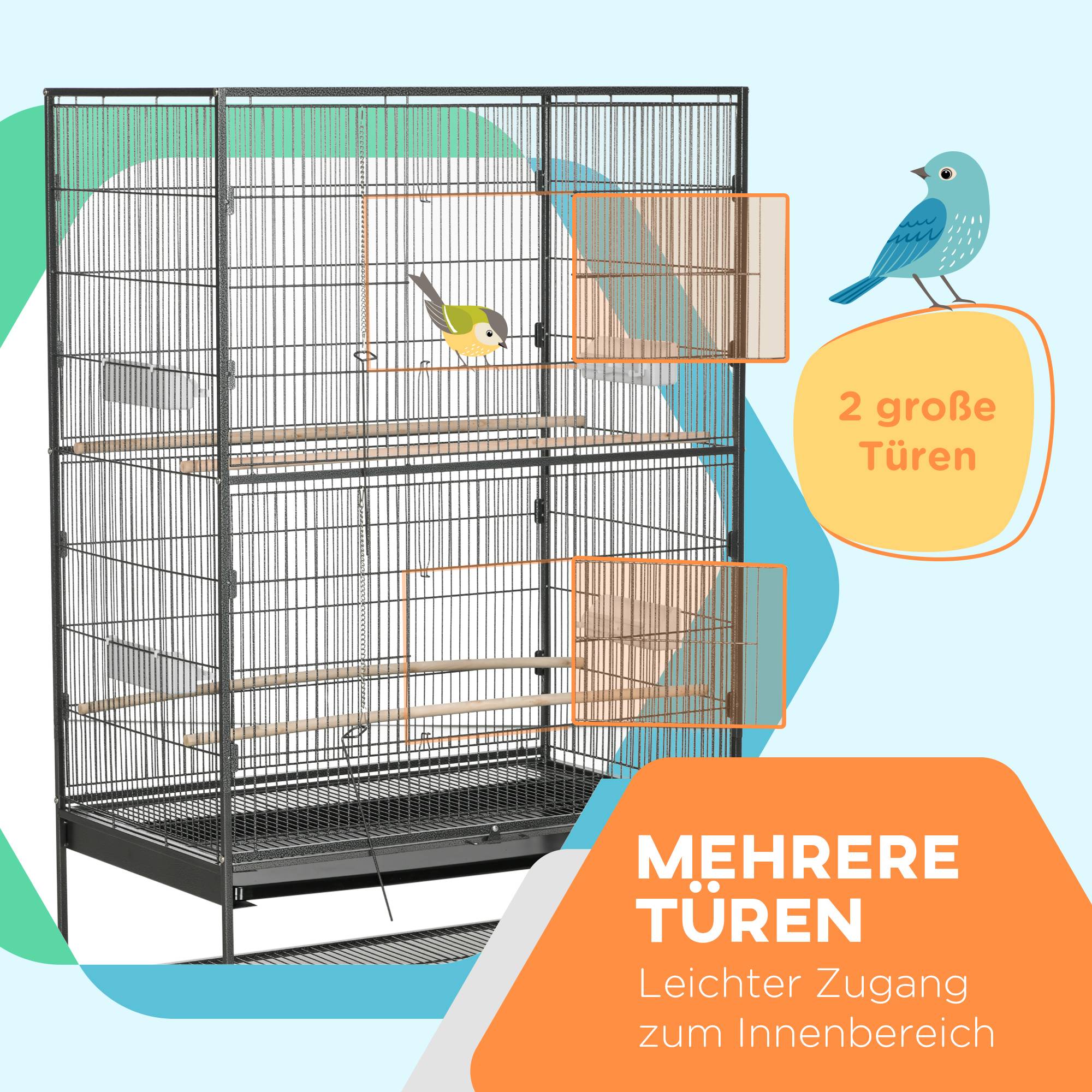 Sans Marque - Cage à oiseaux avec perchoirs, jouets, bac amovible, 1 étagère, gris - Image 6