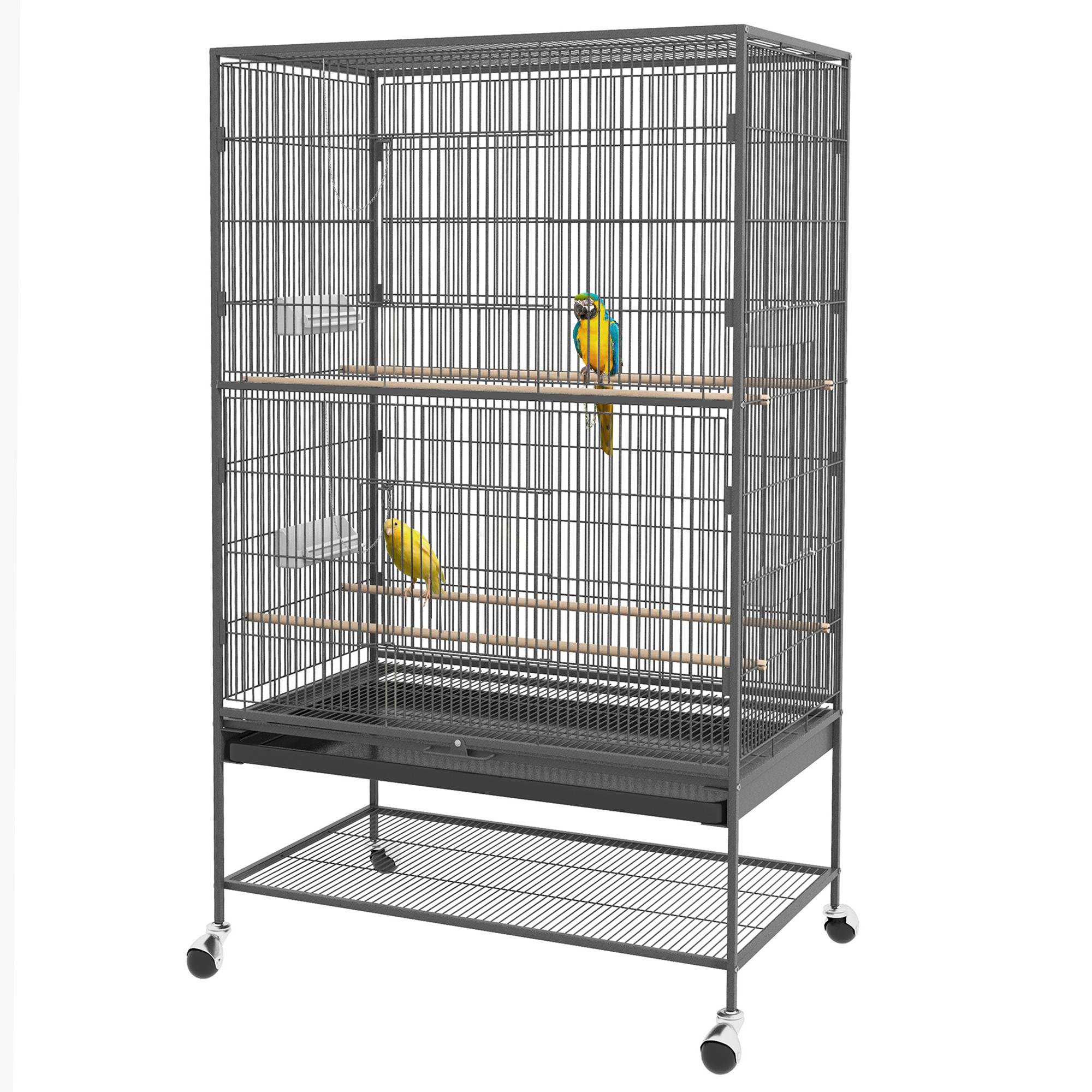 Sans Marque - Cage à oiseaux avec perchoirs, jouets, bac amovible, 1 étagère, gris - Image 2
