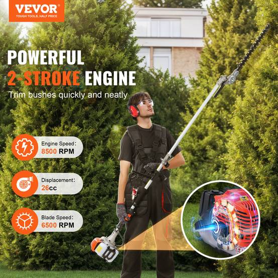 VEVOR Outil coupe multifonction 5 en 1, moteur 26cc, taille-haie, débroussailleuse, pour élagage. - Image 2