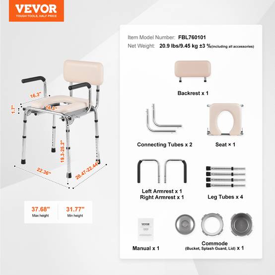 VEVOR Chaise percée rembourrée, accoudoirs rabattables, H régl.7 niveaux, seau 5,8L ch.158,8kg. - Image 7