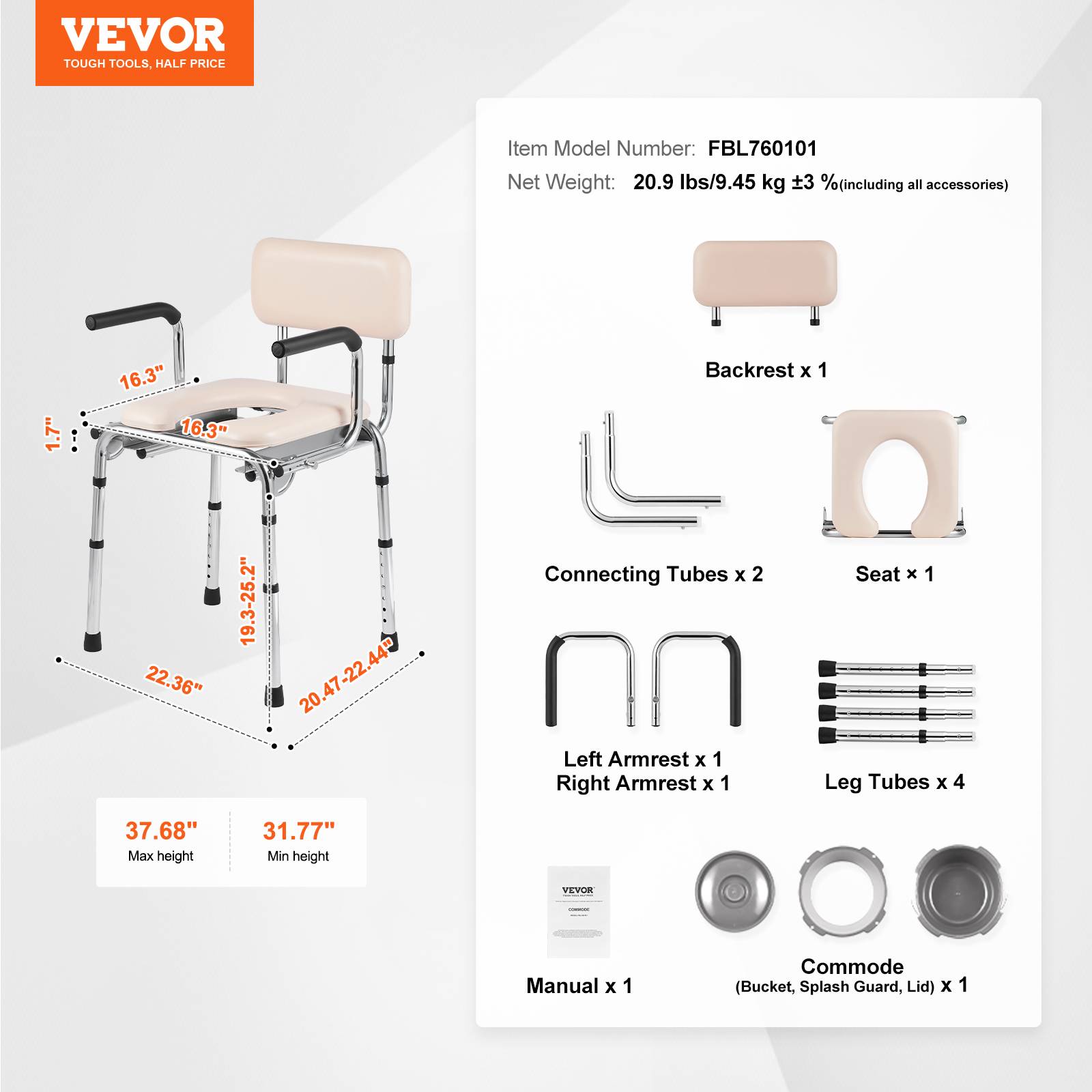 VEVOR Chaise percée rembourrée, accoudoirs rabattables, H régl.7 niveaux, seau 5,8L ch.158,8kg. - Image 7