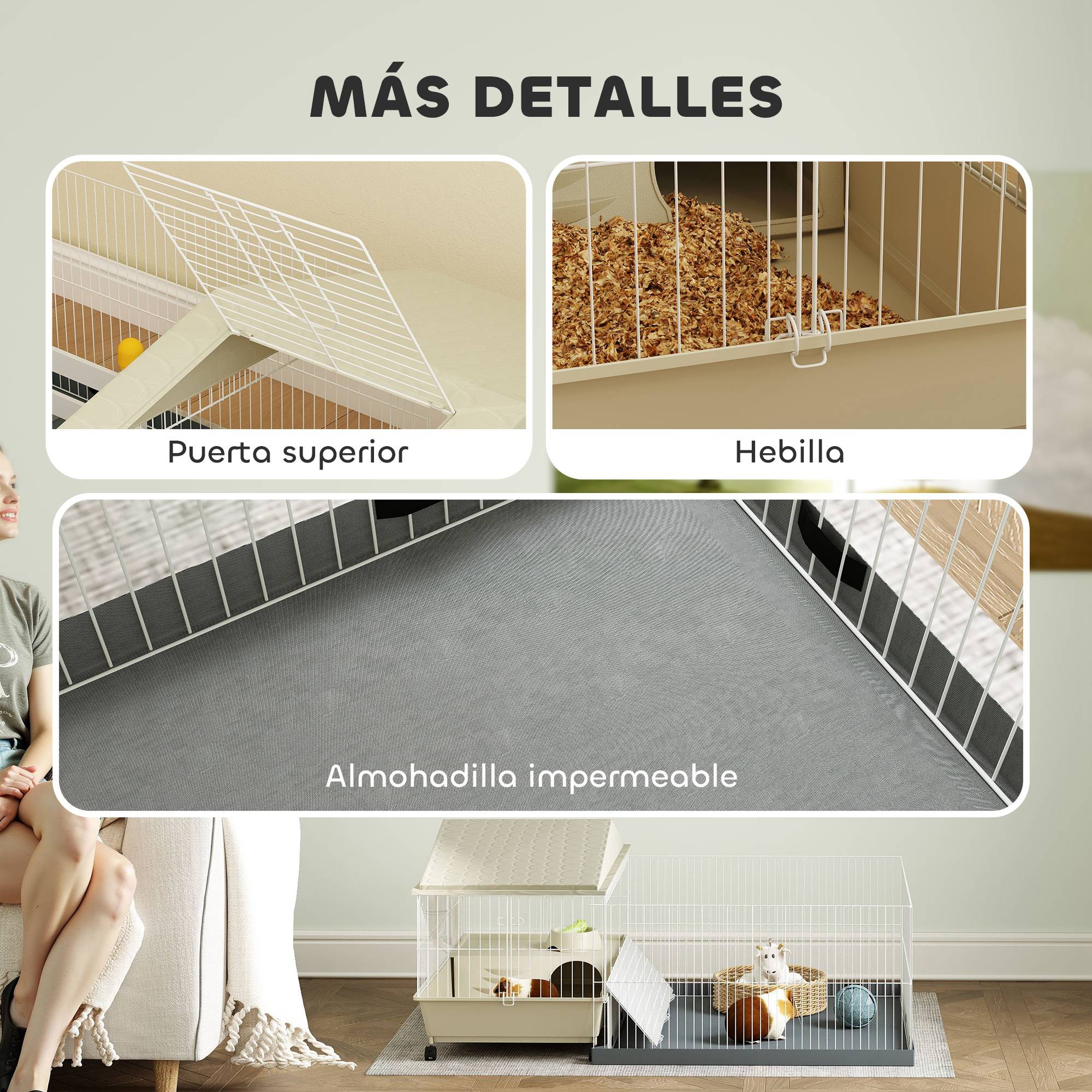 Cage pour petits animaux avec parc amovible, abreuvoir et distributeur de foin 108 x 71 x 57 cm Beige - Image 10