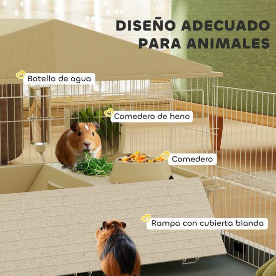 Cage pour petits animaux avec parc amovible, abreuvoir et distributeur de foin 108 x 71 x 57 cm Beige - Image 7