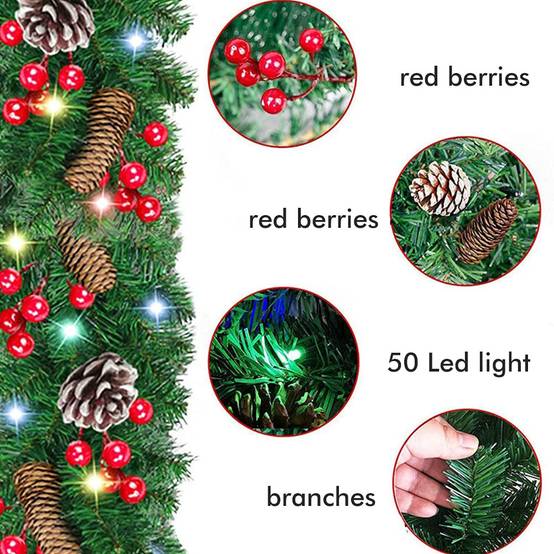 2PCS Couronne de Noël pré-assemblée de 150 cm avec lumières, décorations de Noël, alimentée par 50 LED, convient pour cheminées, fenêtres et escaliers - Image 3