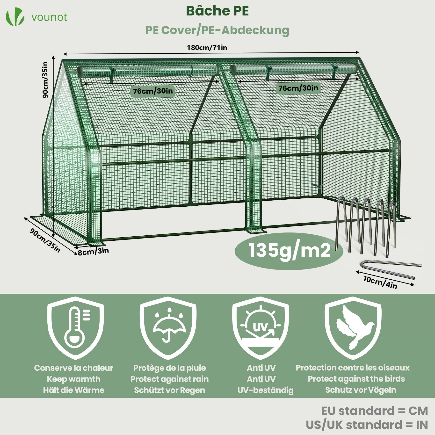 Mini Serre de jardin avec 2 portes enroulables bache PE renforcee 135g/m2 180x90x90cm Vert - Image 3
