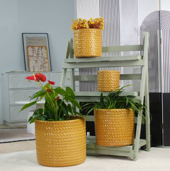 ComfortXL - Pot de fleurs en céramique jaune blé Ø37 x H31 cm intérieur extérieur relief géométrique drainage pour plantes - Image 5