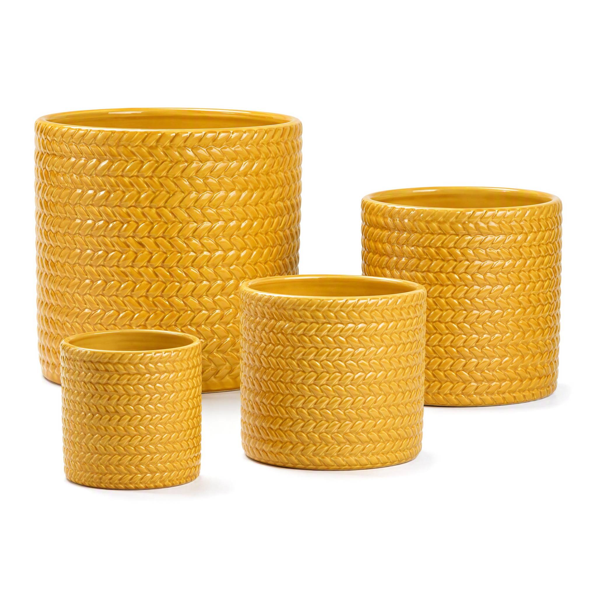 ComfortXL - Pot de fleurs en céramique jaune blé Ø37 x H31 cm intérieur extérieur relief géométrique drainage pour plantes - Image 8