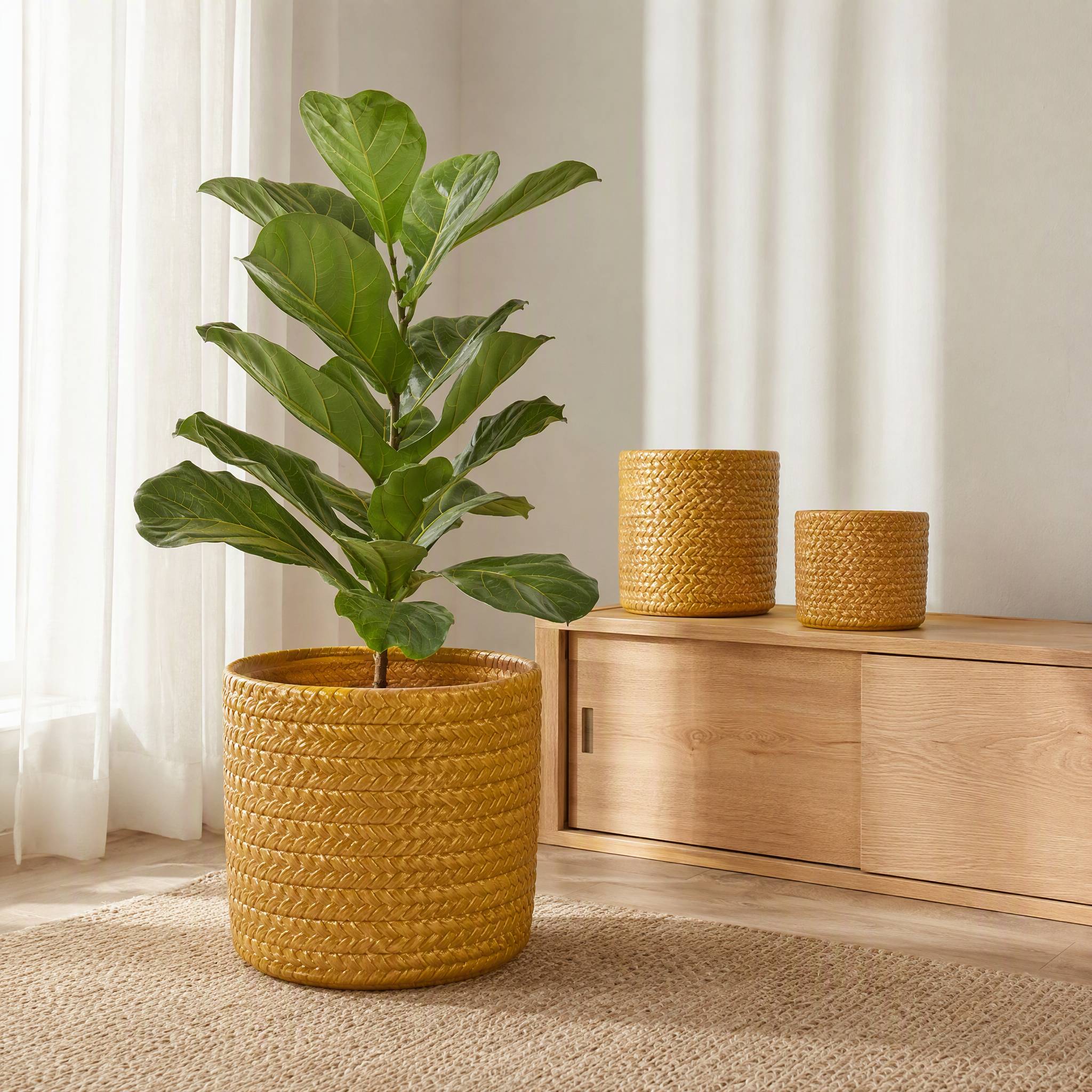 ComfortXL - Pot de fleurs en céramique jaune blé Ø37 x H31 cm intérieur extérieur relief géométrique drainage pour plantes - Image 6