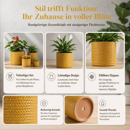 ComfortXL - Pot de fleurs en céramique jaune blé Ø37 x H31 cm intérieur extérieur relief géométrique drainage pour plantes - Image 3