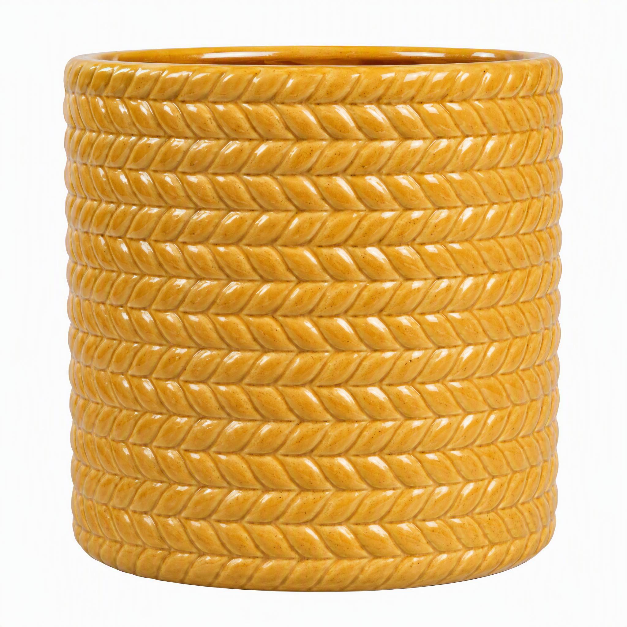 ComfortXL - Pot de fleurs en céramique jaune blé Ø37 x H31 cm intérieur extérieur relief géométrique drainage pour plantes