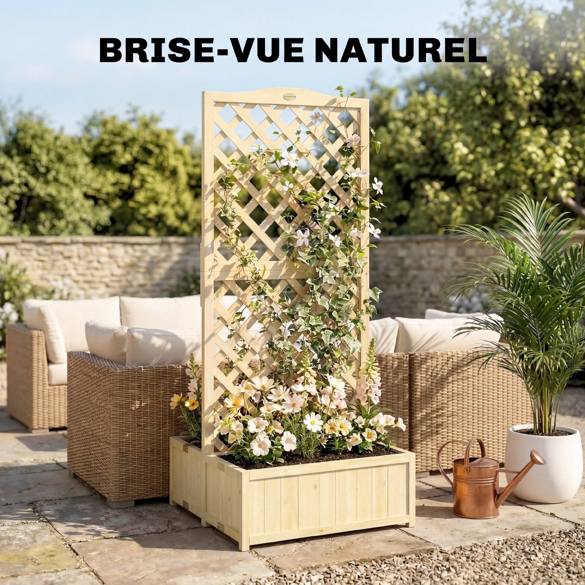 Jardinière avec Treillis Carré Potager Bois Pliable Double Bac à Fleurs pour Plantes Grimpantes 73 x 70 x 170 cm Naturel - Image 9