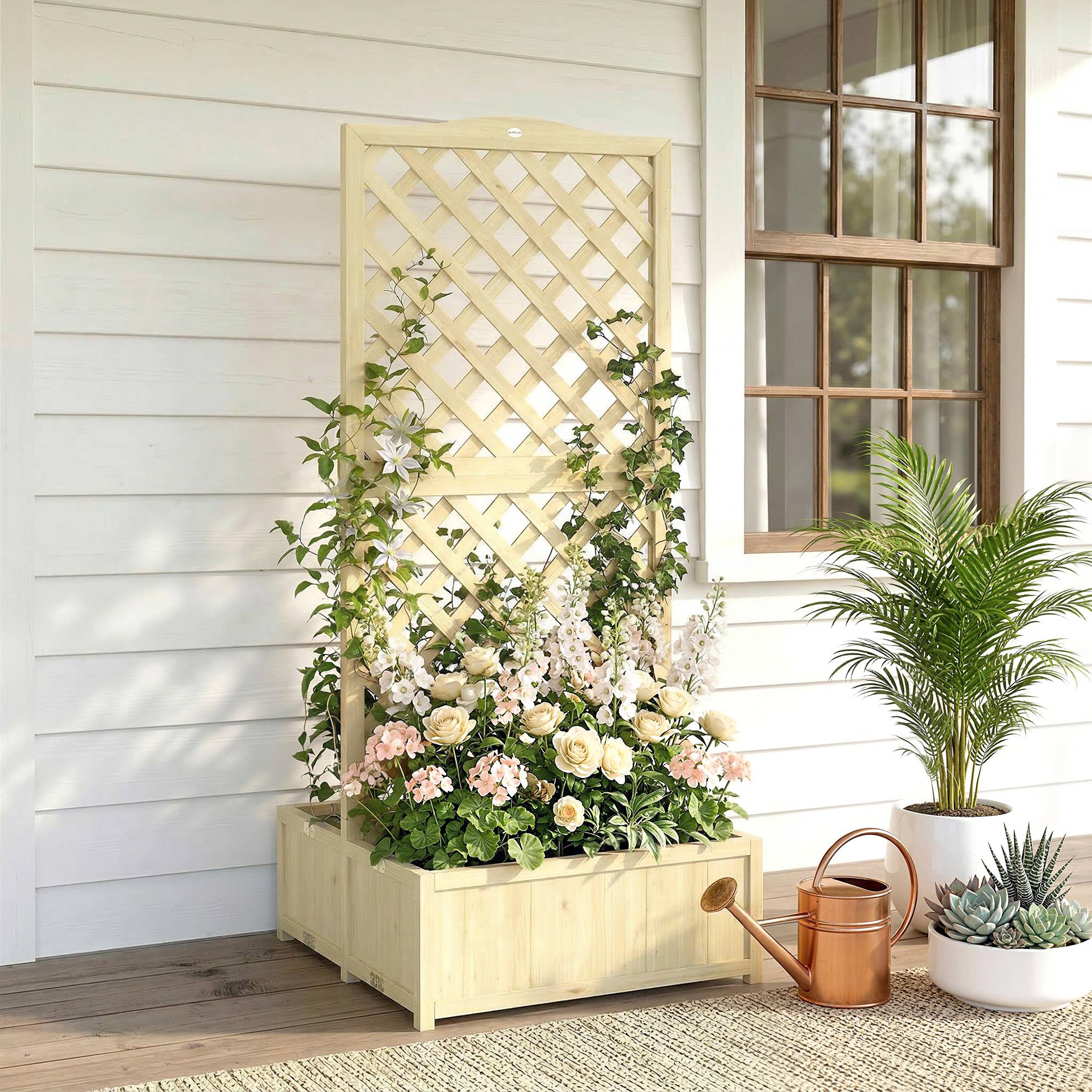 Jardinière avec Treillis Carré Potager Bois Pliable Double Bac à Fleurs pour Plantes Grimpantes 73 x 70 x 170 cm Naturel - Image 4