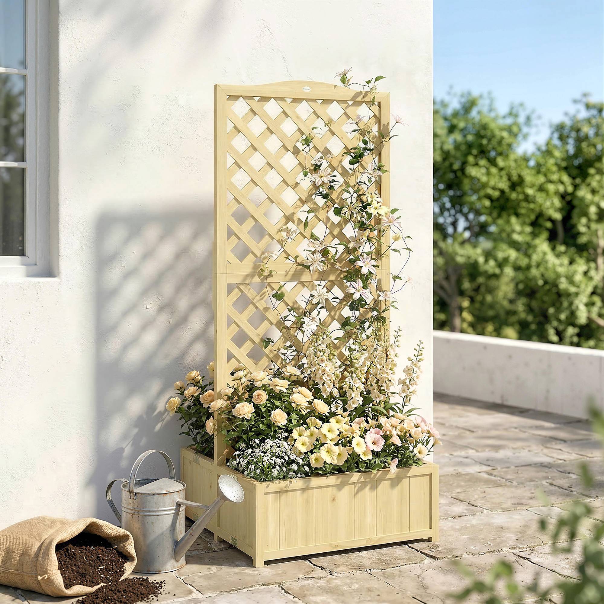 Jardinière avec Treillis Carré Potager Bois Pliable Double Bac à Fleurs pour Plantes Grimpantes 73 x 70 x 170 cm Naturel - Image 3