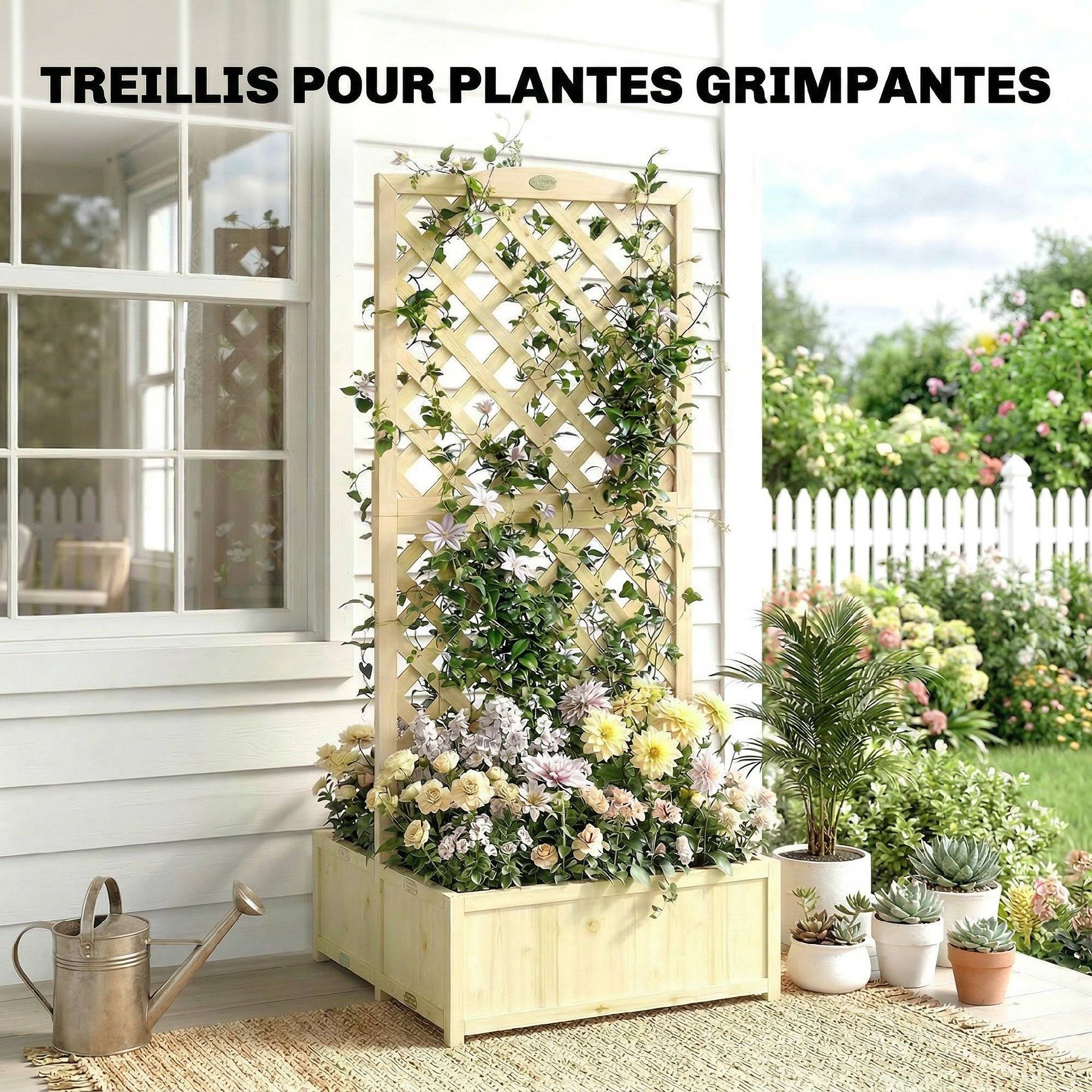 Jardinière avec Treillis Carré Potager Bois Pliable Double Bac à Fleurs pour Plantes Grimpantes 73 x 70 x 170 cm Naturel - Image 8
