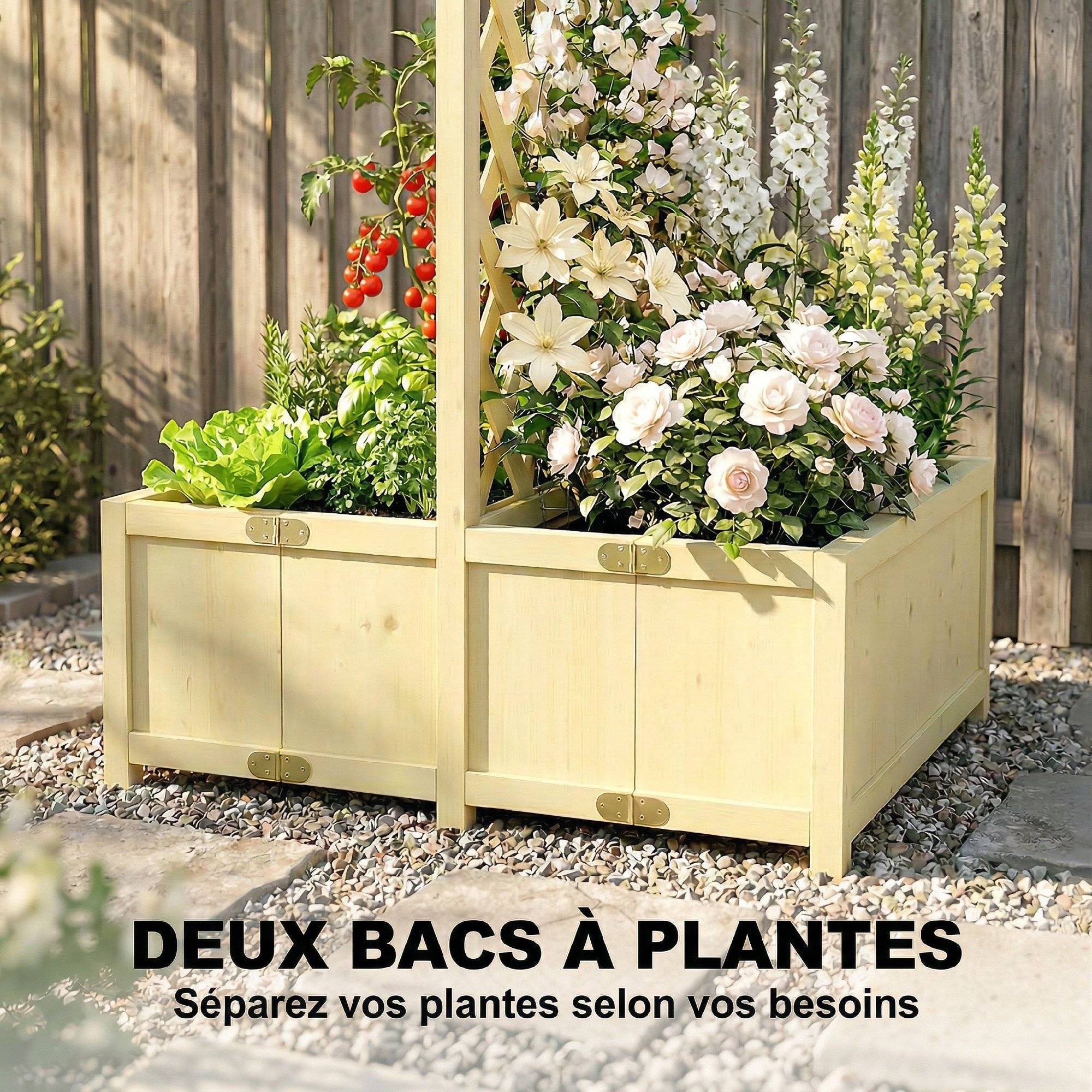 Jardinière avec Treillis Carré Potager Bois Pliable Double Bac à Fleurs pour Plantes Grimpantes 73 x 70 x 170 cm Naturel - Image 6