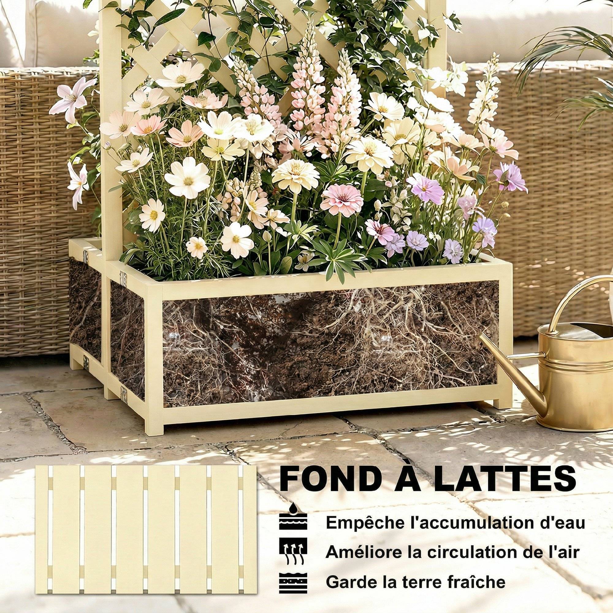 Jardinière avec Treillis Carré Potager Bois Pliable Double Bac à Fleurs pour Plantes Grimpantes 73 x 70 x 170 cm Naturel - Image 10