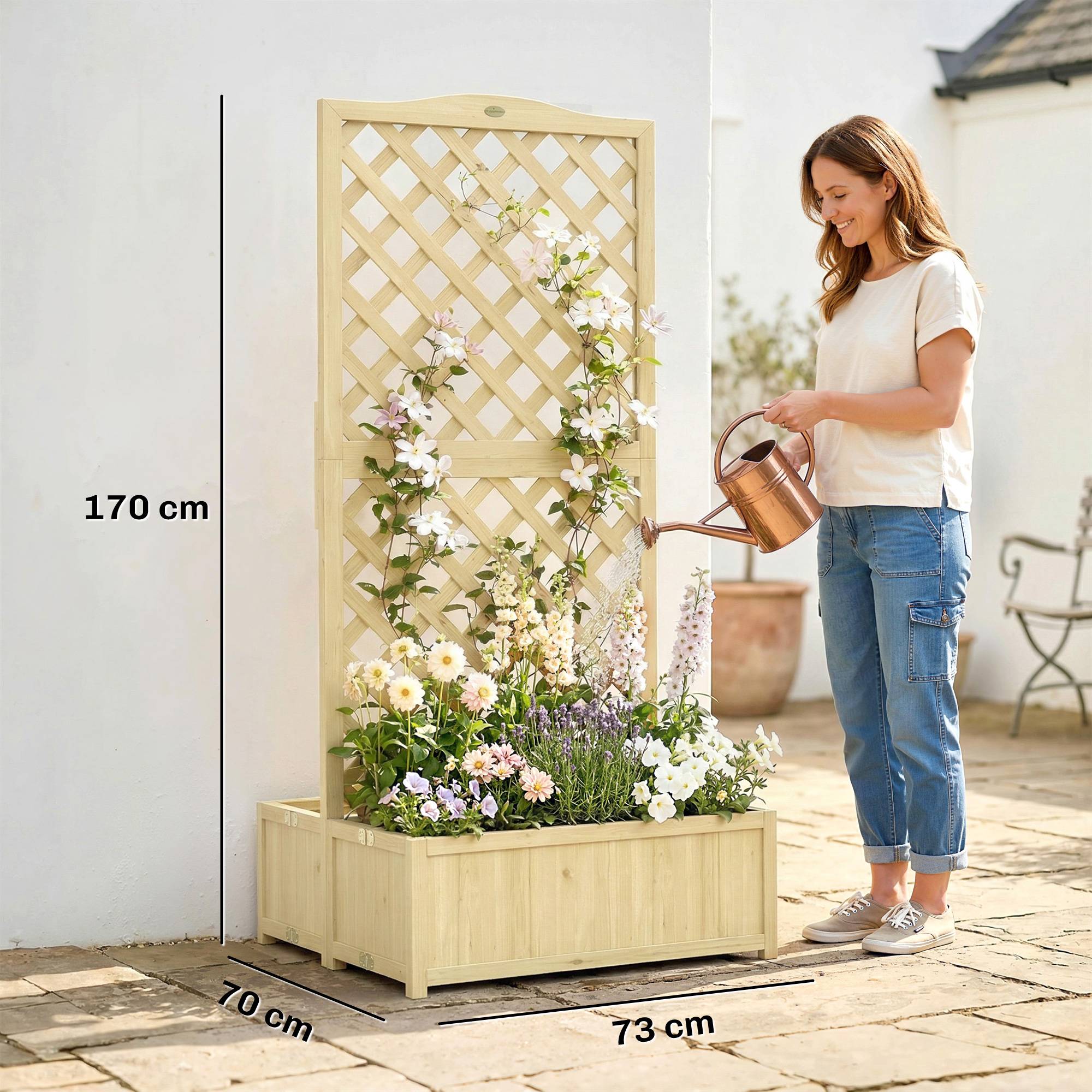 Jardinière avec Treillis Carré Potager Bois Pliable Double Bac à Fleurs pour Plantes Grimpantes 73 x 70 x 170 cm Naturel - Image 5