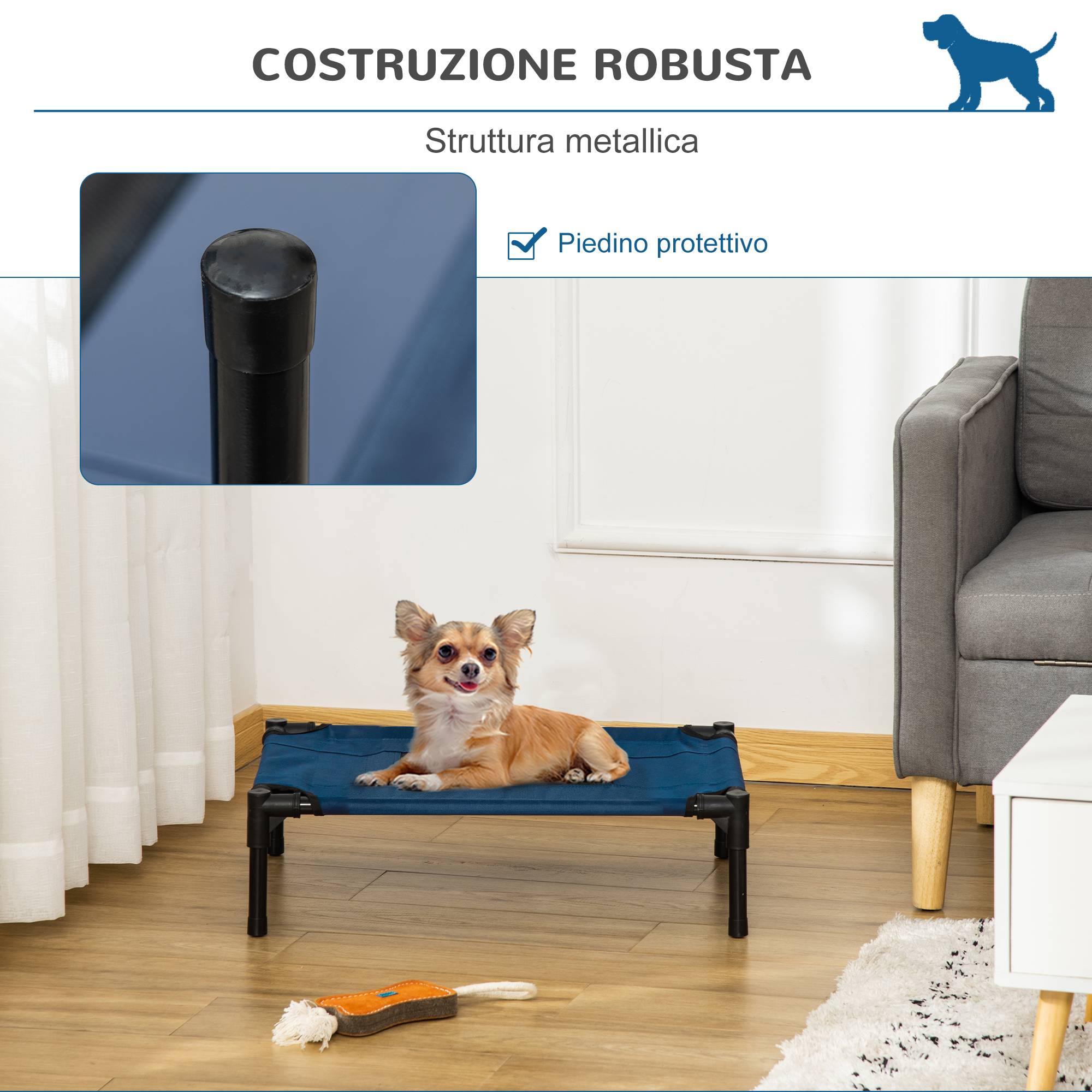 ComfortXL - Lit surélevé pour petit chien en acier et tissu Oxford 61 x 46 x 18 cm bleu marine et noir couchage aéré - Image 4