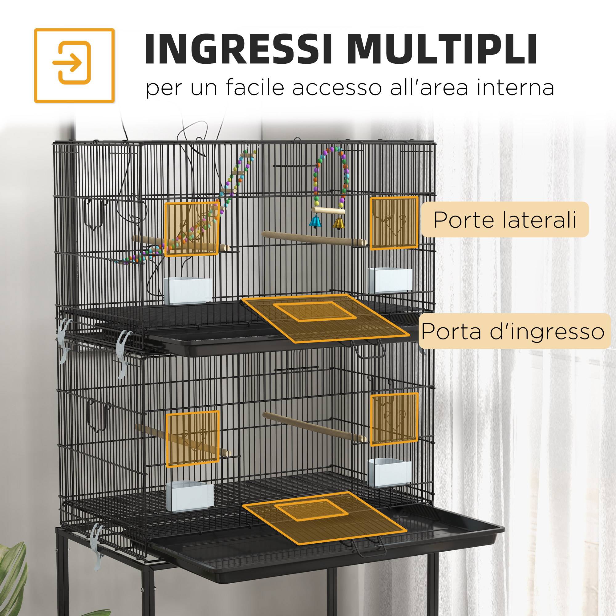 ComfortXL - Cage à oiseaux acier et PP noire 77 x 46 x 164 cm double niveau mobile sur roulettes - ComfortXL Outdoor Living - Image 7