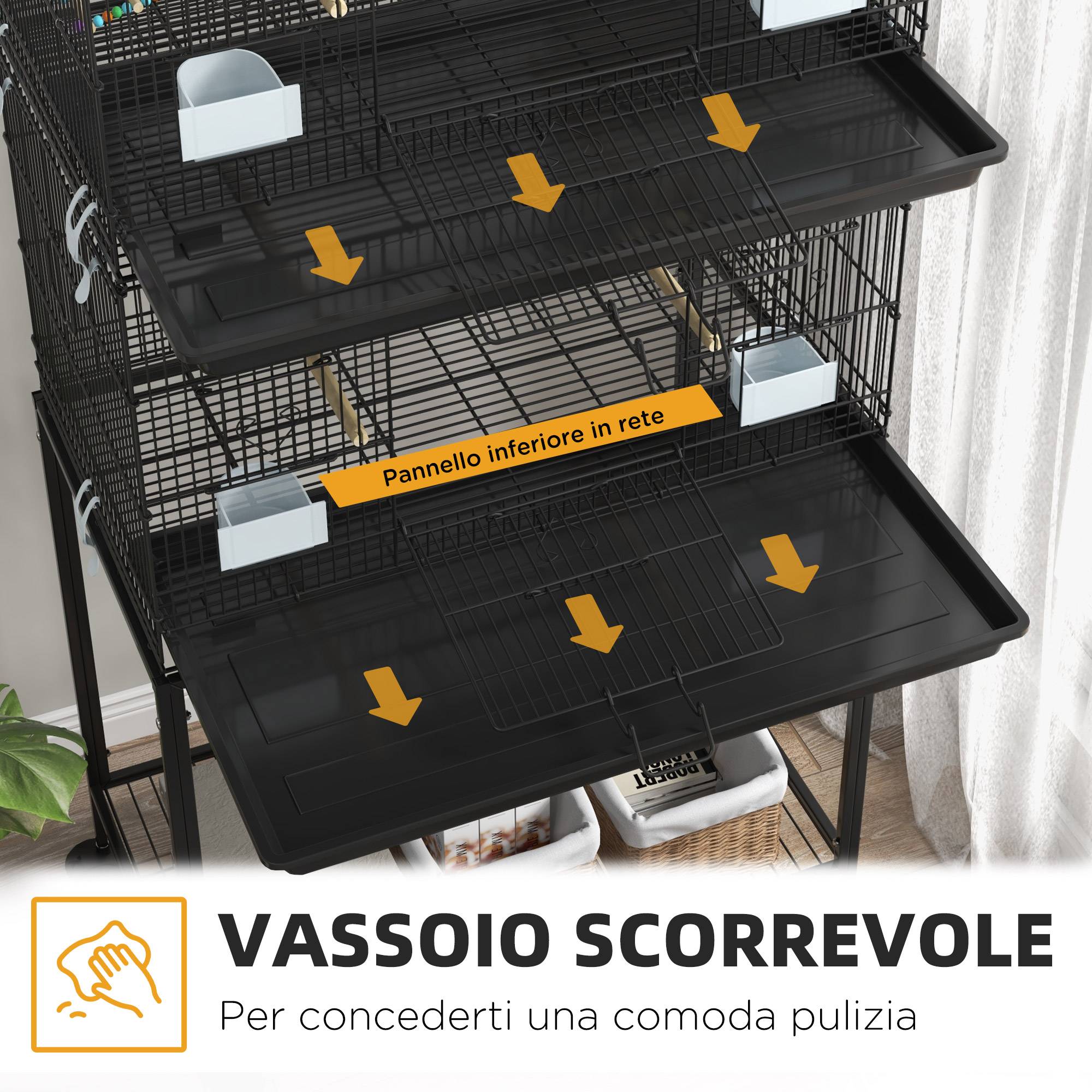 ComfortXL - Cage à oiseaux acier et PP noire 77 x 46 x 164 cm double niveau mobile sur roulettes - ComfortXL Outdoor Living - Image 6