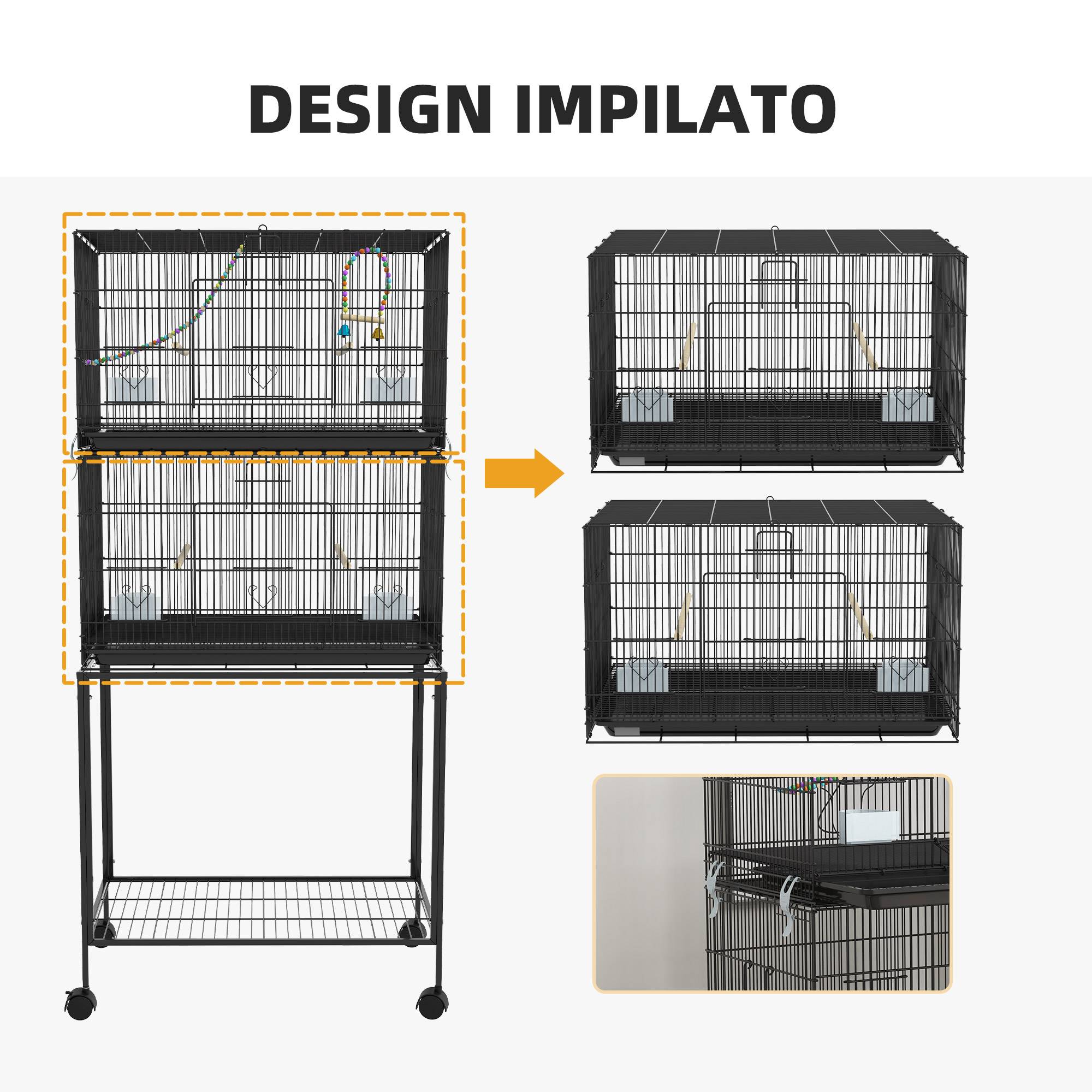 ComfortXL - Cage à oiseaux acier et PP noire 77 x 46 x 164 cm double niveau mobile sur roulettes - ComfortXL Outdoor Living - Image 9