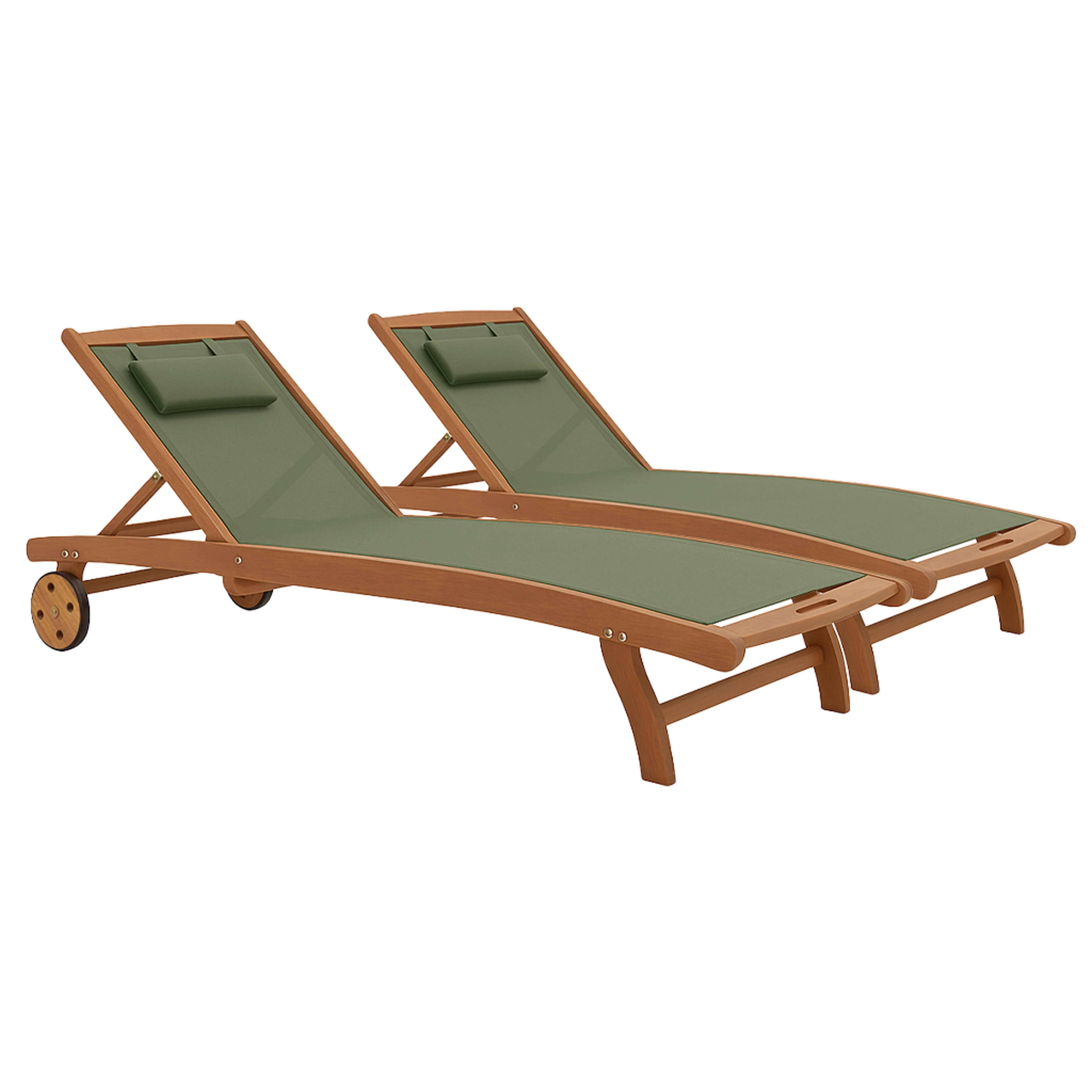 Oviala - Lot de 2 bains de soleil en bois inclinable avec roues vert sauge Aubagne - Oviala - Image 1