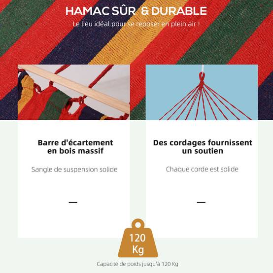 Hamac de voyage Coton Polyester Jardin Camping Filet tombant 2x1m Multicolore - ComfortXL Outdoor Living - Image 6