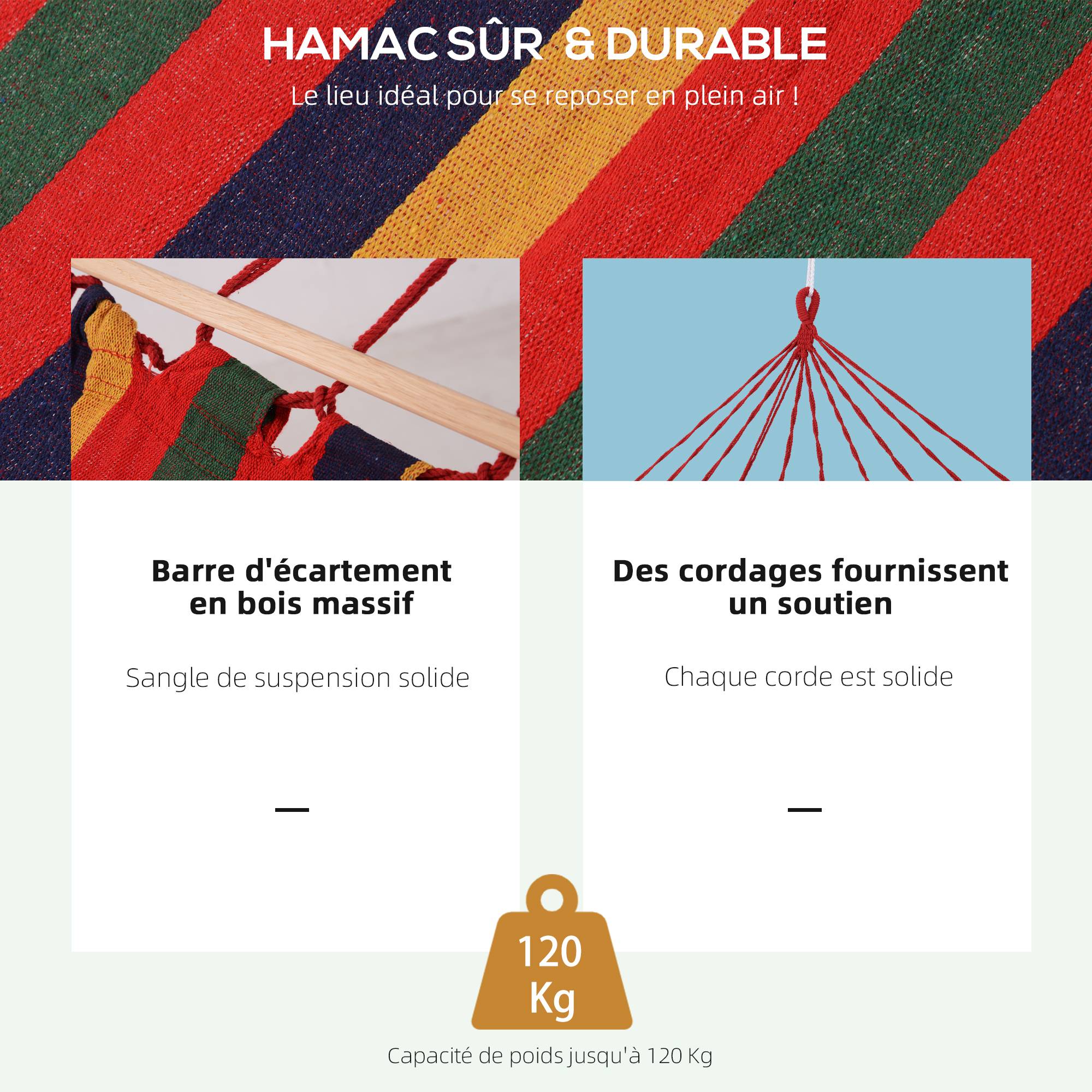 Hamac de voyage Coton Polyester Jardin Camping Filet tombant 2x1m Multicolore - ComfortXL Outdoor Living - Image 6