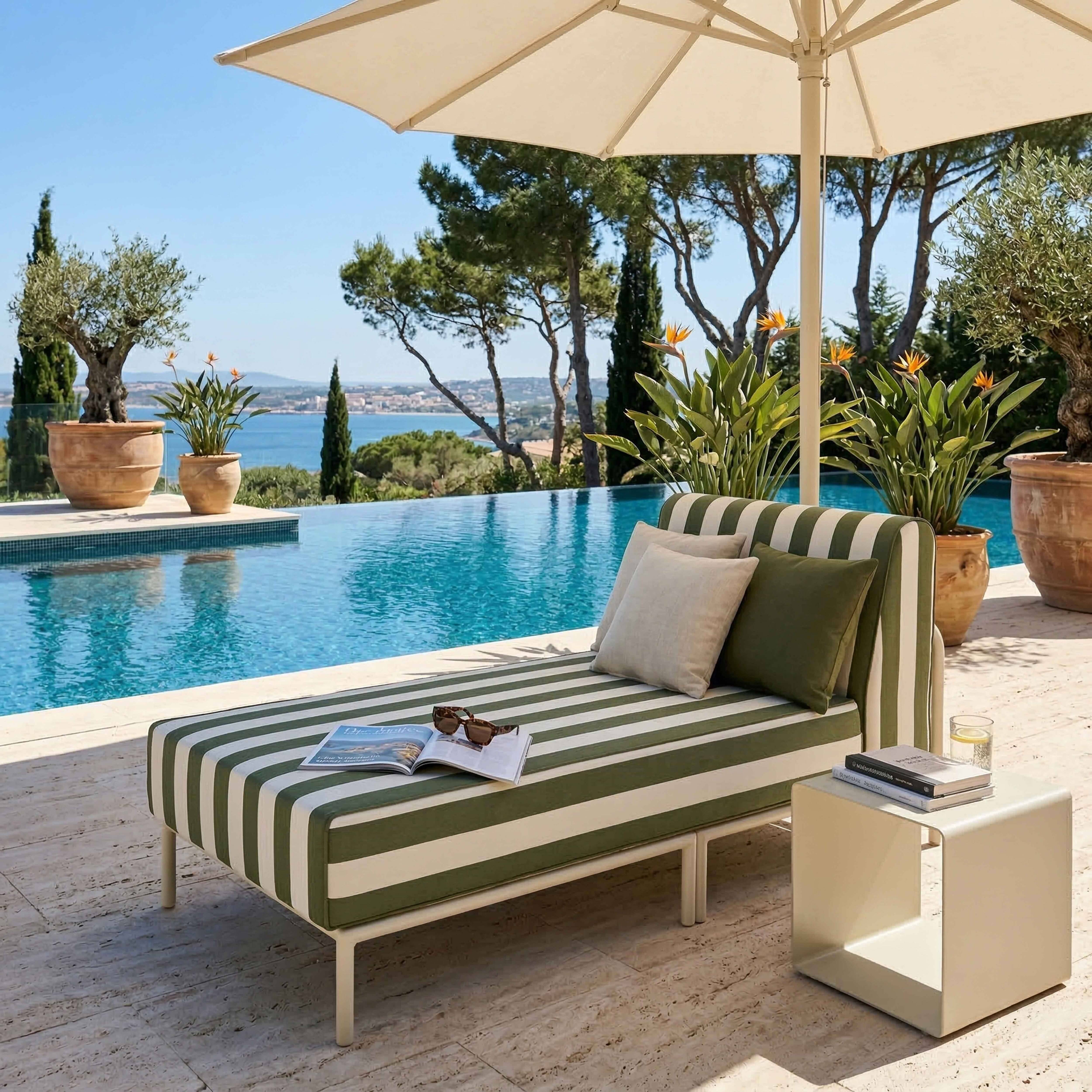 Oviala - Méridienne rayée pour salon de jardin modulable en tissu vert kaki Patio - Oviala - Image 2
