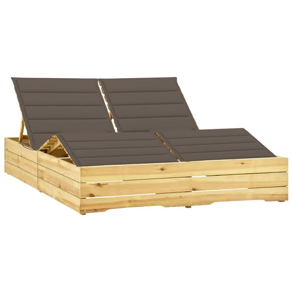 Helloshop26 - Transat chaise longue bain de soleil lit de jardin terrasse meuble d'extérieur double et coussins 198 x 135 x (30-75) cm taupe bois de pin imprégné - Image 1