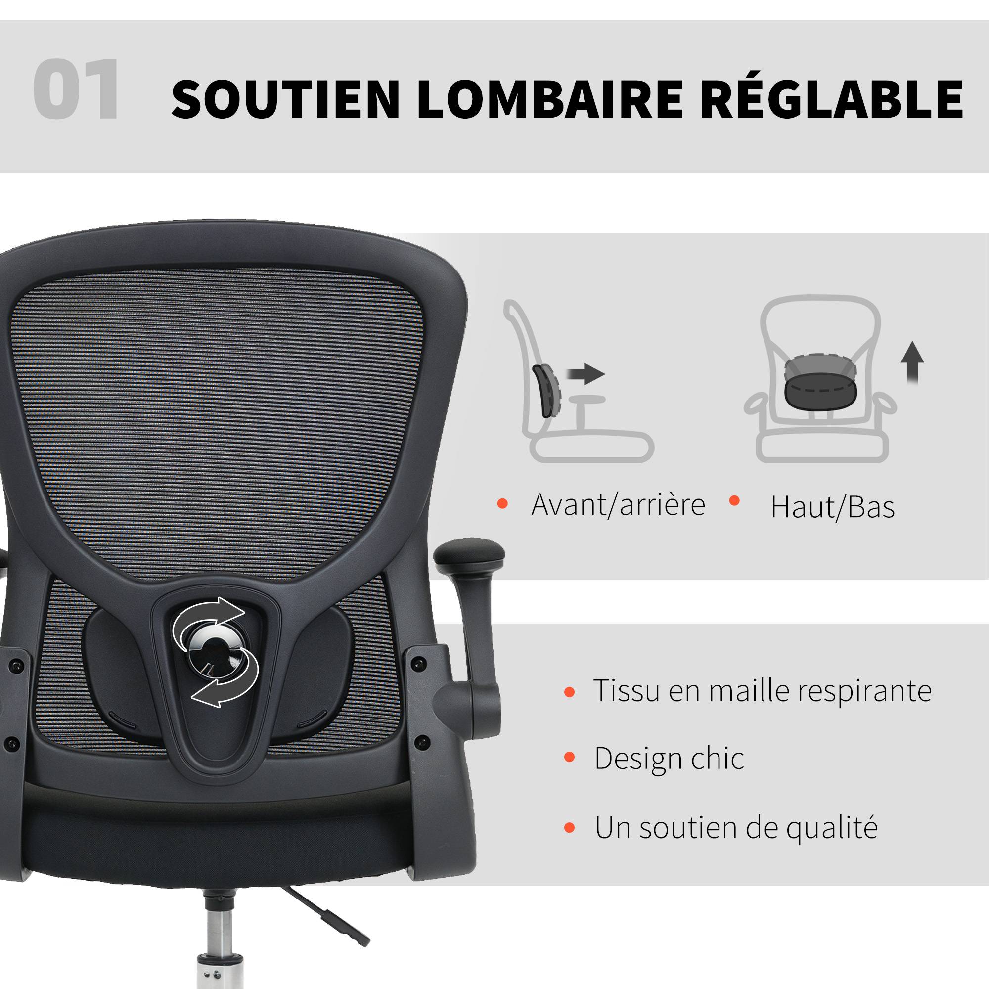 Sans Marque - Chaise bureau ergonomique, chaise de dessin, support lombaire 4D, accoudoirs relevables, 60 x 60 x 108-132 cm, noir - Image 6