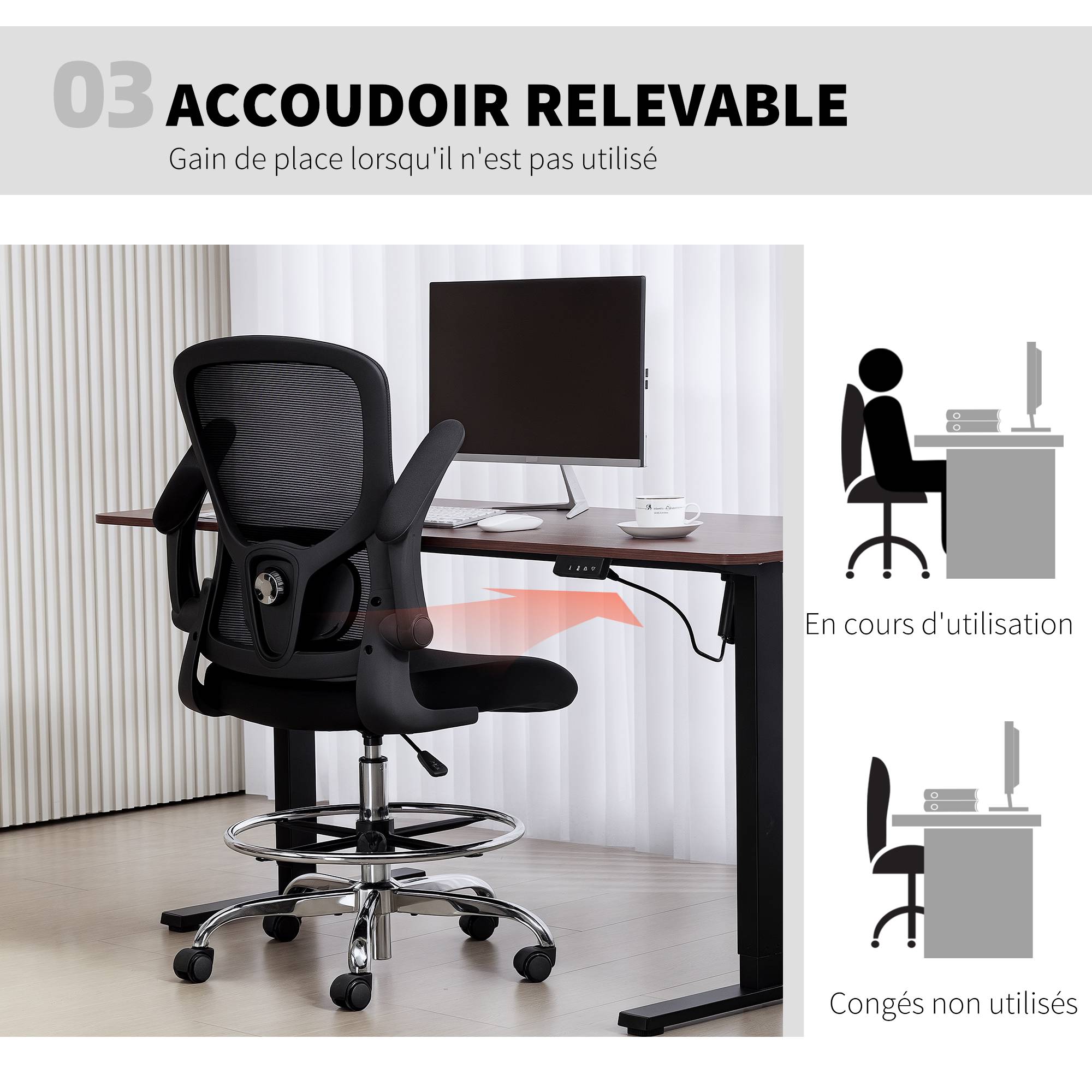 Sans Marque - Chaise bureau ergonomique, chaise de dessin, support lombaire 4D, accoudoirs relevables, 60 x 60 x 108-132 cm, noir - Image 8