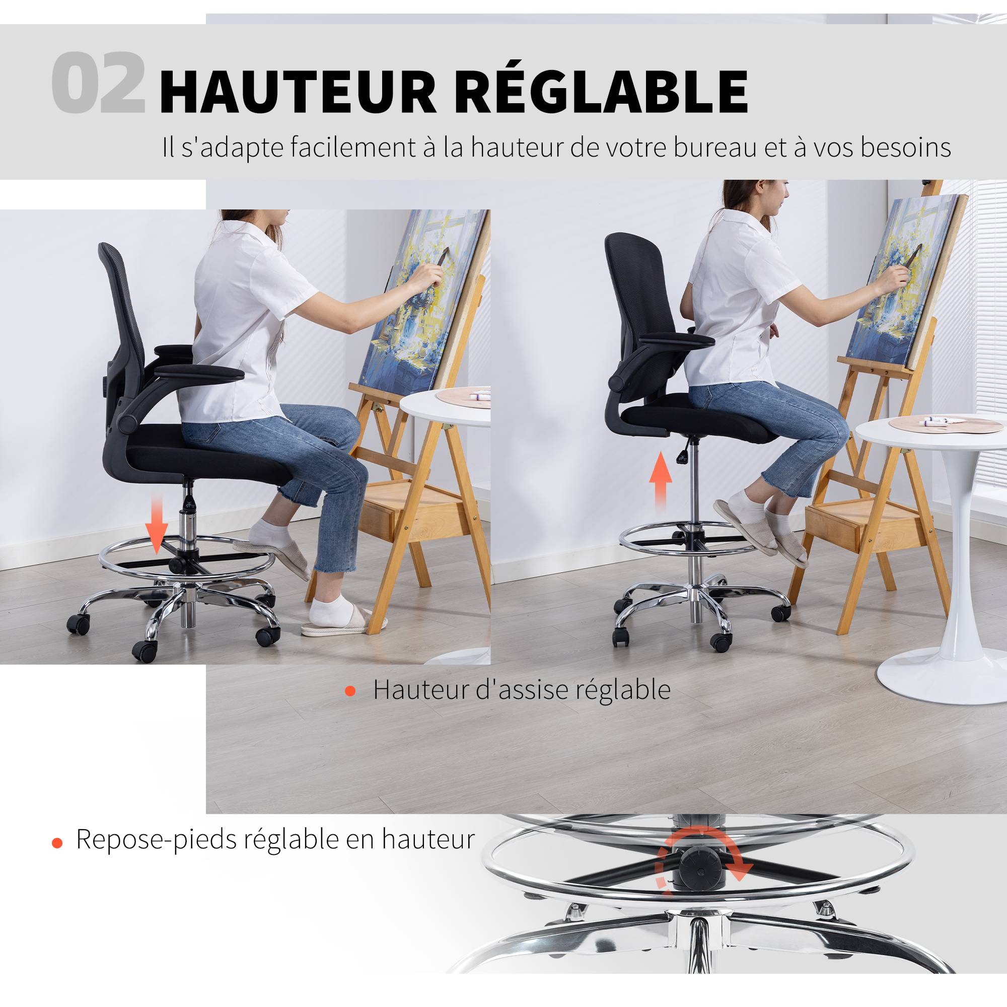 Sans Marque - Chaise bureau ergonomique, chaise de dessin, support lombaire 4D, accoudoirs relevables, 60 x 60 x 108-132 cm, noir - Image 7