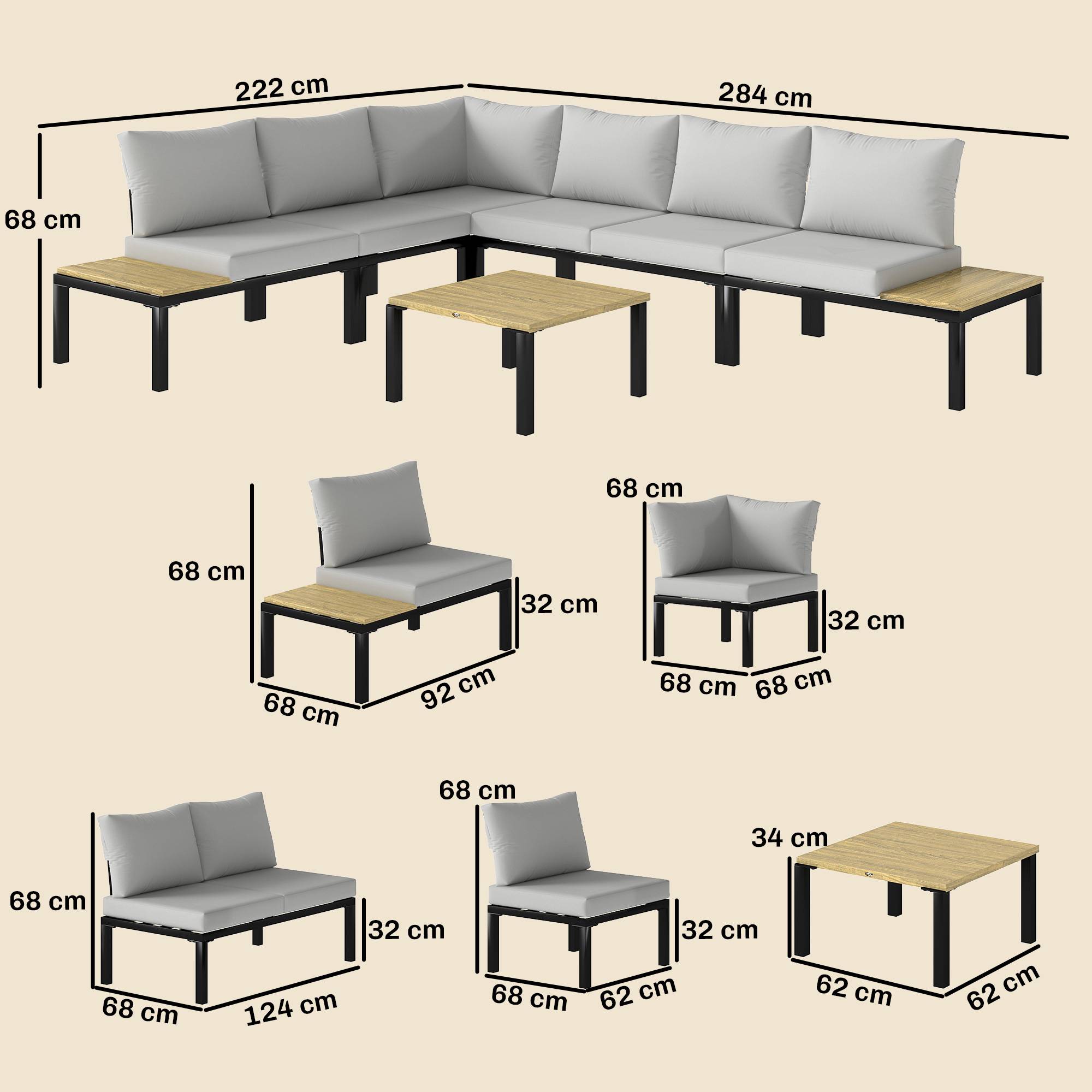 Salon de Jardin Mobilier de Terrasse 3 pièces | Mobilier de jardin Gris Clair Acier, Polyester 284x222x68 cm - Image 5