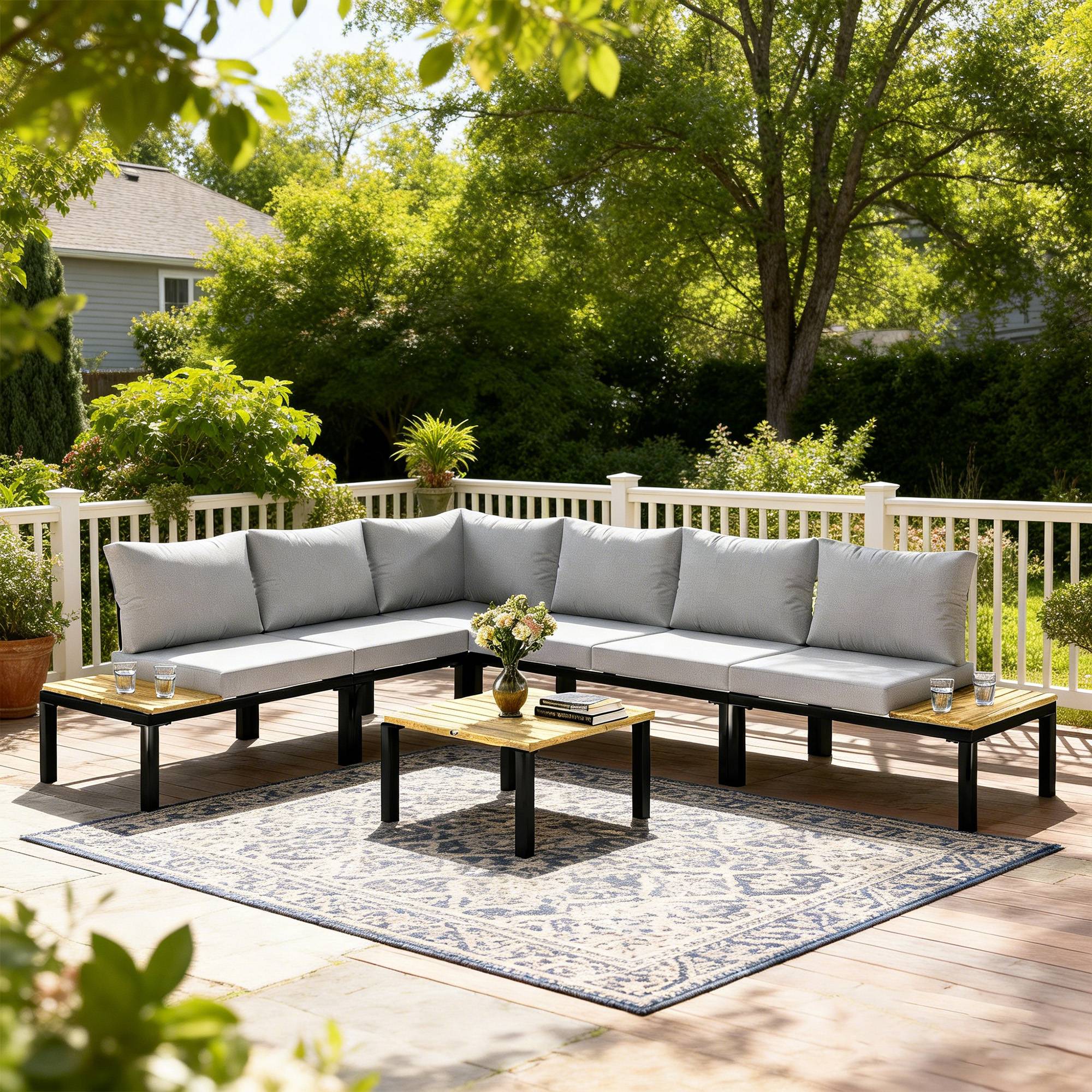 Salon de Jardin Mobilier de Terrasse 3 pièces | Mobilier de jardin Gris Clair Acier, Polyester 284x222x68 cm - Image 3
