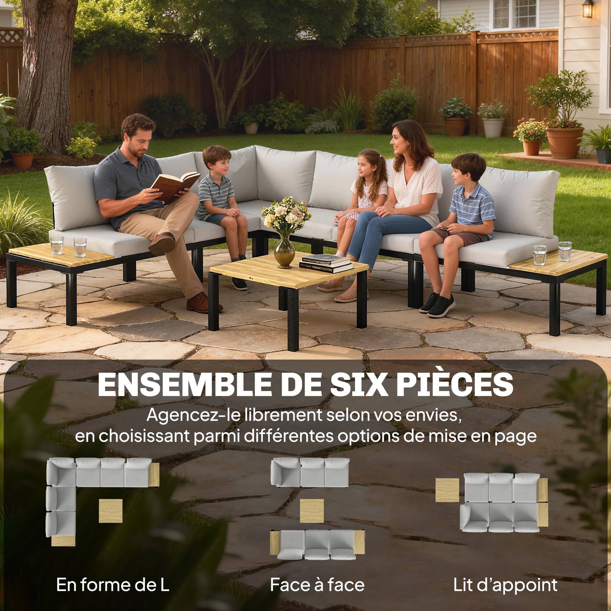 Salon de Jardin Mobilier de Terrasse 3 pièces | Mobilier de jardin Gris Clair Acier, Polyester 284x222x68 cm - Image 6