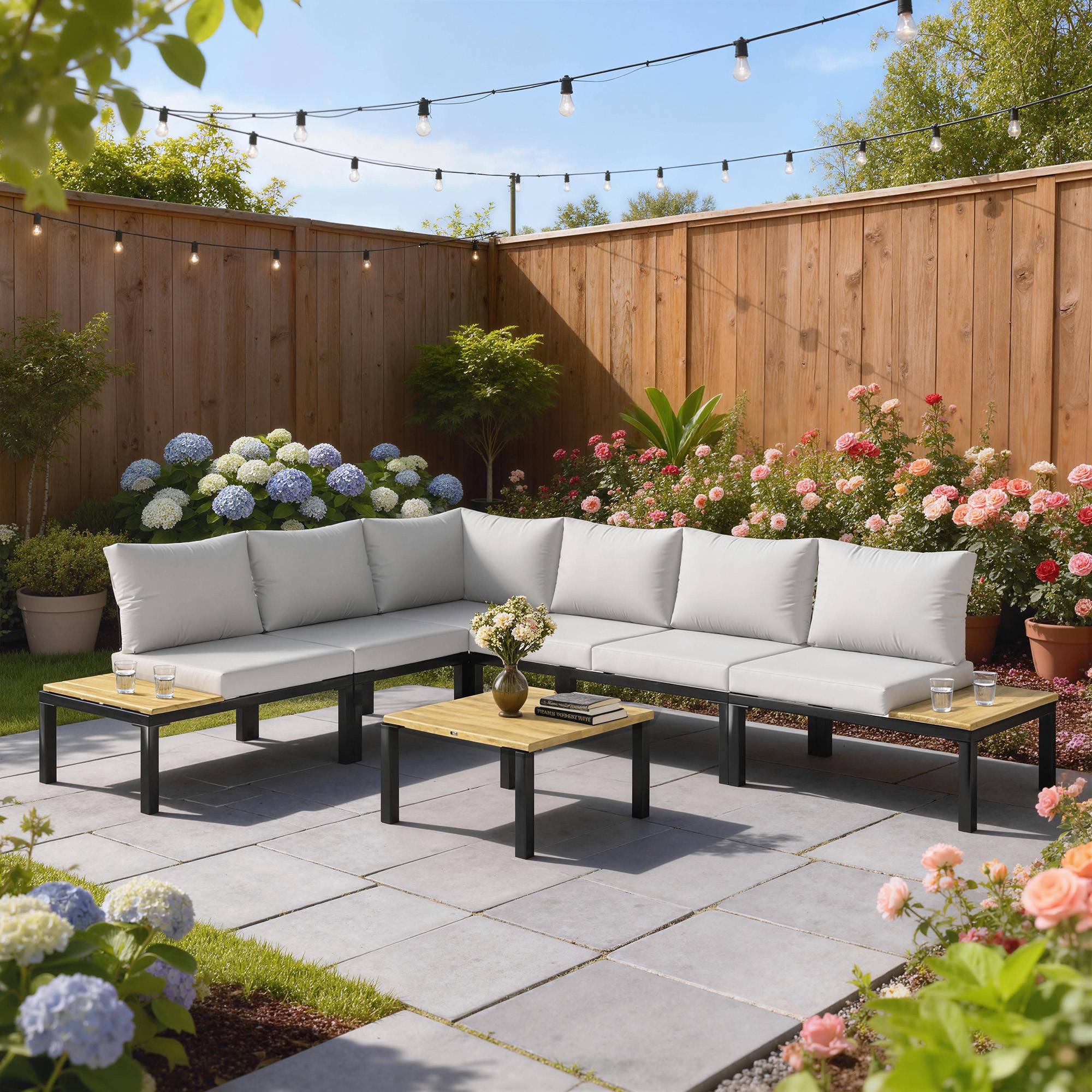 Salon de Jardin Mobilier de Terrasse 3 pièces | Mobilier de jardin Gris Clair Acier, Polyester 284x222x68 cm - Image 4