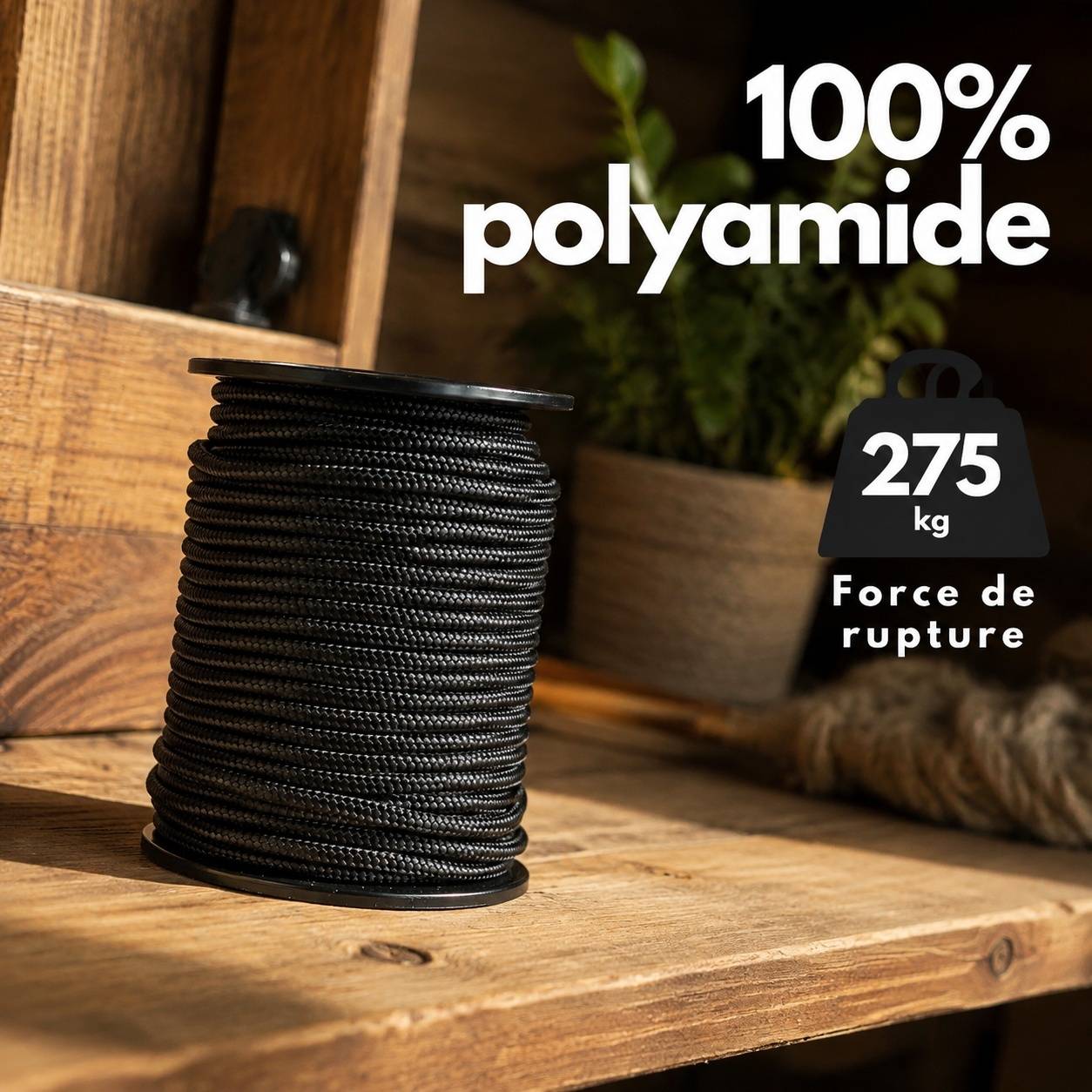 Nylon Tressé Corde 6mm 164ft Noir Résistante Abrasion 623kg Charge Rupture Fabriquée Belgique - Image 2