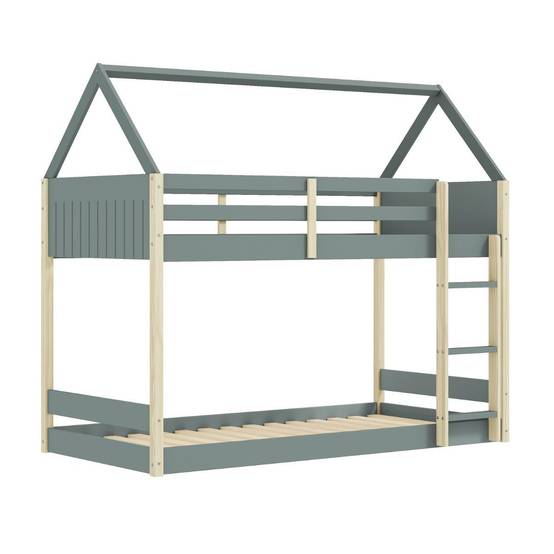 ALTOBUY - Lit superposé avec premier couchage au sol 90x190 en MDF laqué vert kaki et pin naturel - LILAS - Image 1