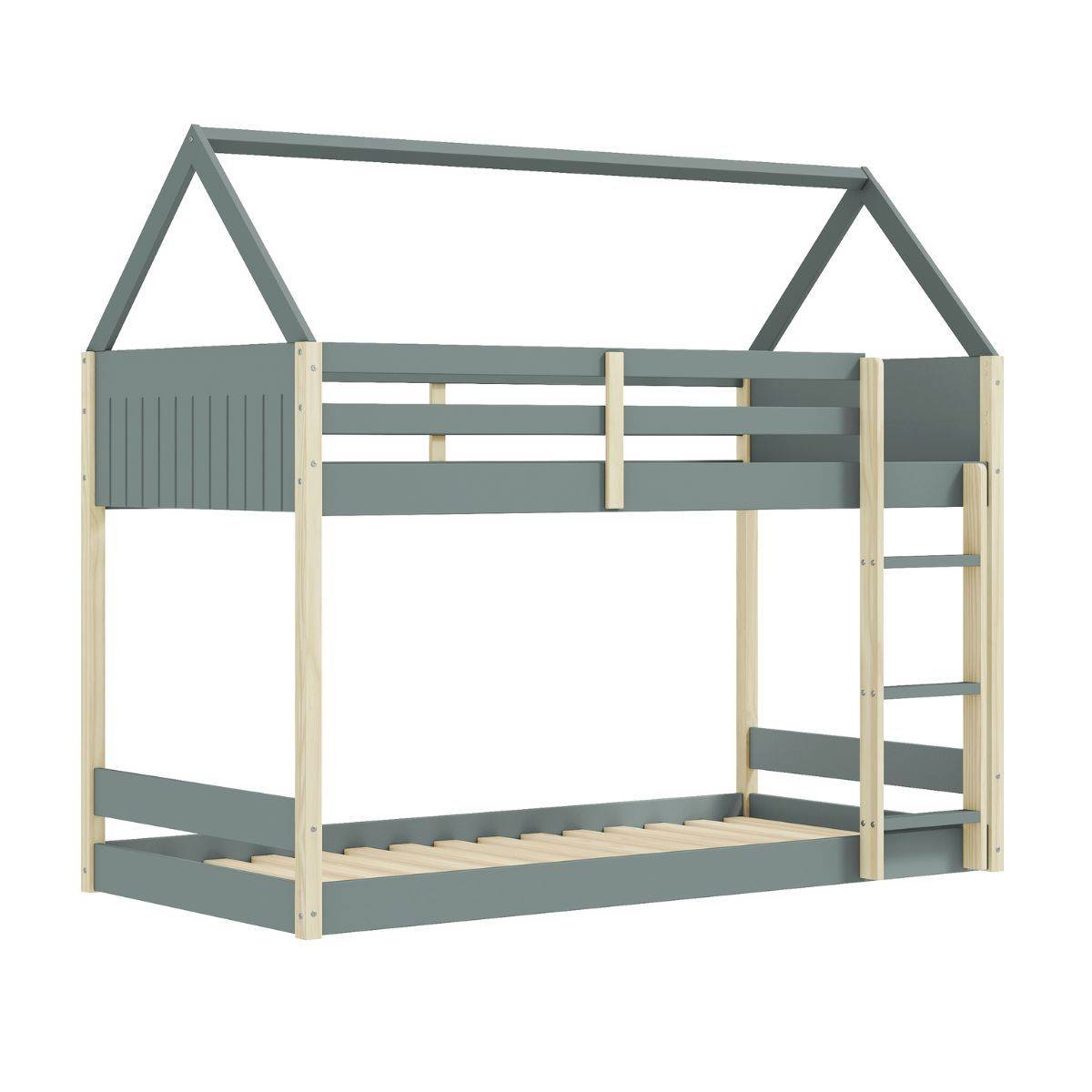 ALTOBUY - Lit superposé avec premier couchage au sol 90x190 en MDF laqué vert kaki et pin naturel - LILAS - Image 1
