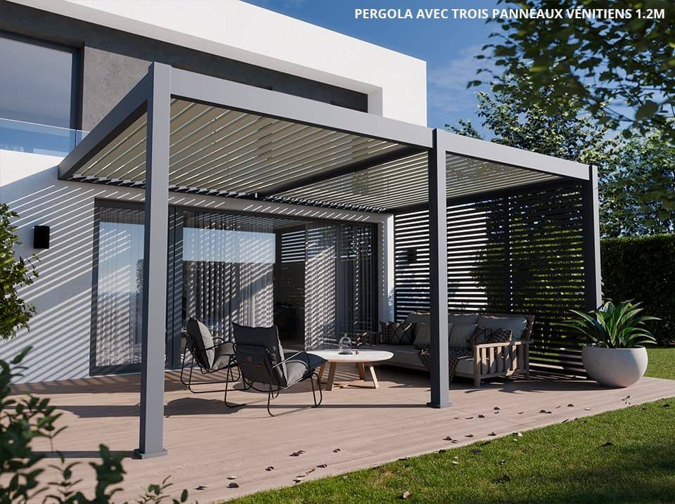 Pergola Bioclimatique Aluminium Adossée 19m² - 3,6x5,3 - Panneaux Vénitiens - Anthracite - 34 lames en Aluminium a 120 degrés - Image 1