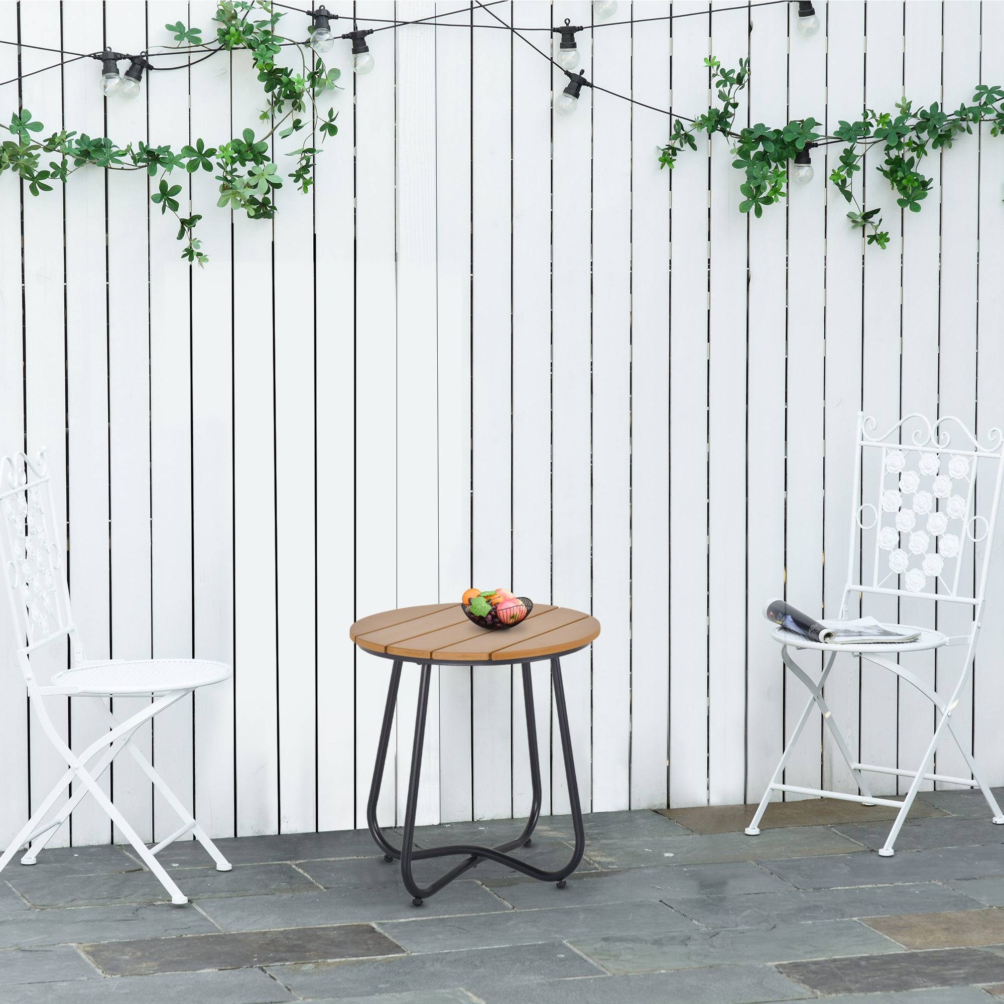 Petite table basse de jardin ronde acier balcon plateau lattes Ø49x48cm marron - ComfortXL Outdoor Living - Image 4