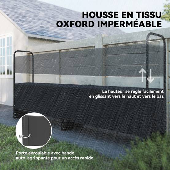Range bûches extérieur, abri bois de chauffage couverture imperméable 600D Oxford charge 300 kg 260 x 38 x 118 cm noir - Image 7