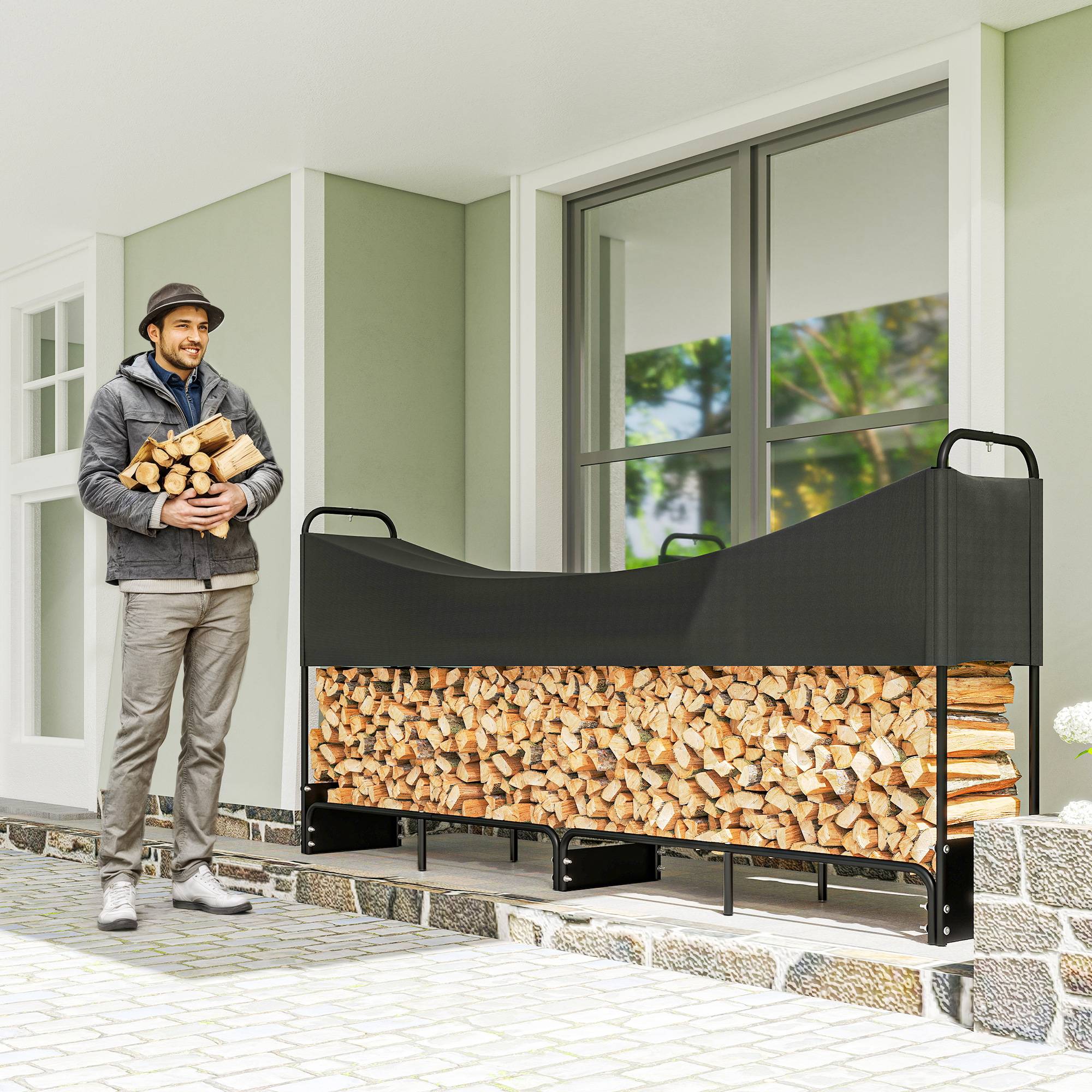 Range bûches extérieur, abri bois de chauffage couverture imperméable 600D Oxford charge 300 kg 260 x 38 x 118 cm noir - Image 3
