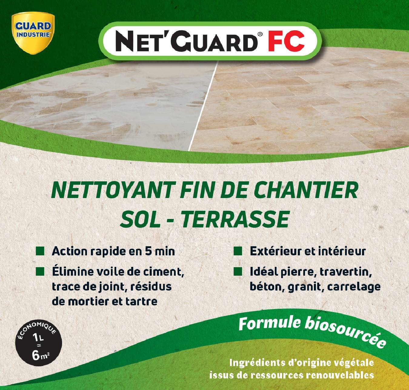 Nettoyant Laitances Ciment Joint Trace Blanche Net Guard Fin Chantier Formule Végétale 10 Min Toute Pierre 1L 6m2 - Image 2