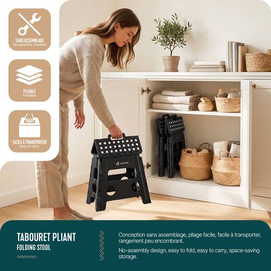 Tabouret pliant portable 37x30x32.5 cm - Marchepied pliable antidérapant avec poignée - Plastique - Noir - VOUNOT® - Image 5