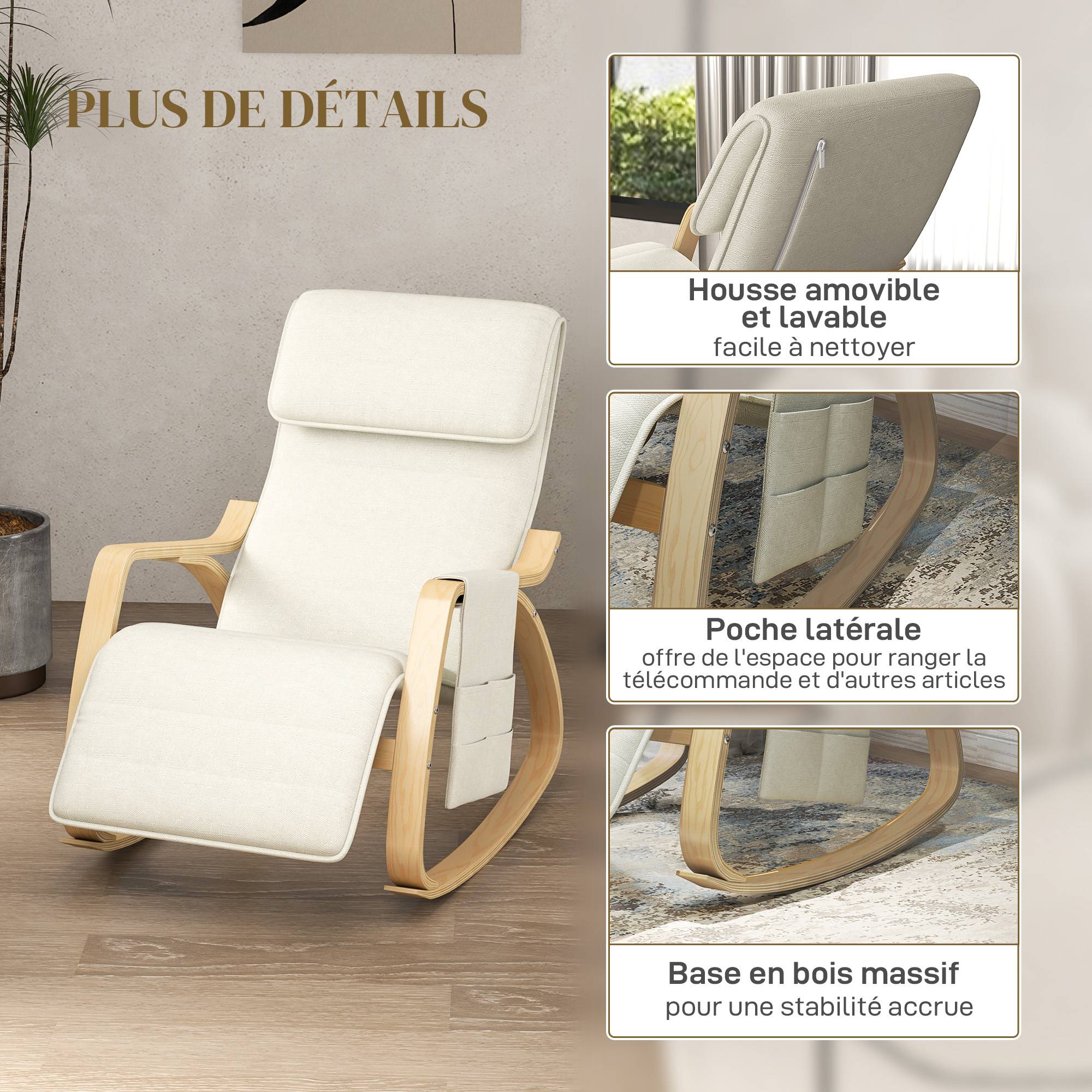 Sans Marque - Fauteuil relax à bascule fauteuil allaitement avec repose-pieds réglable, poche latérale et appui-tête, blanc crème - Image 8