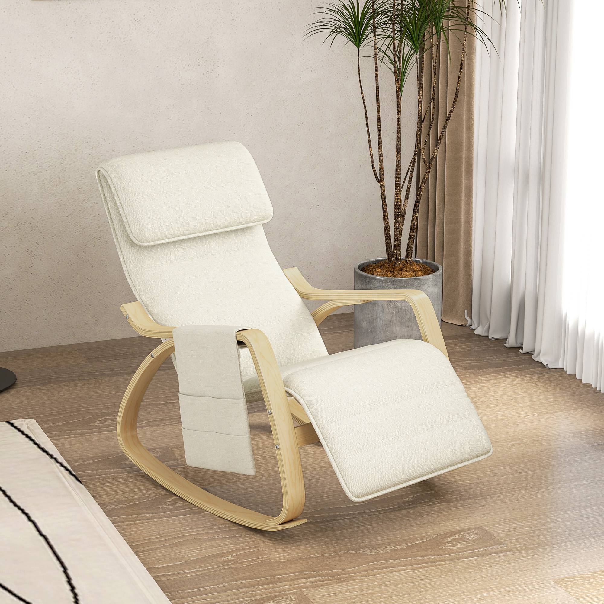 Sans Marque - Fauteuil relax à bascule fauteuil allaitement avec repose-pieds réglable, poche latérale et appui-tête, blanc crème - Image 4