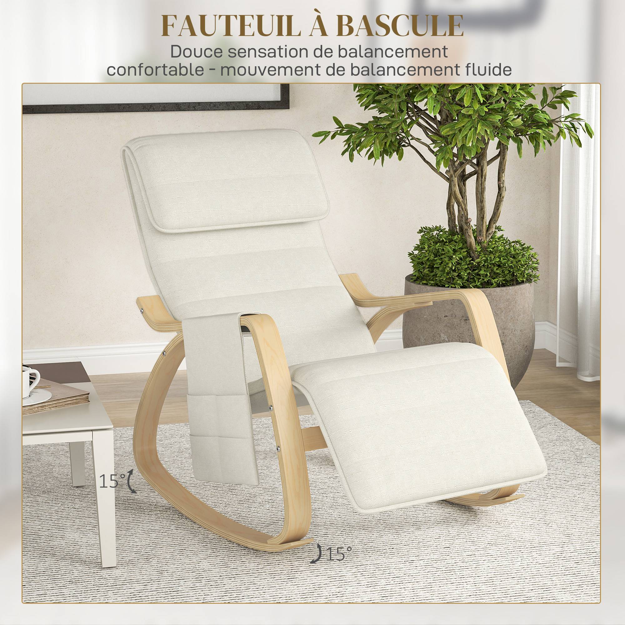 Sans Marque - Fauteuil relax à bascule fauteuil allaitement avec repose-pieds réglable, poche latérale et appui-tête, blanc crème - Image 6