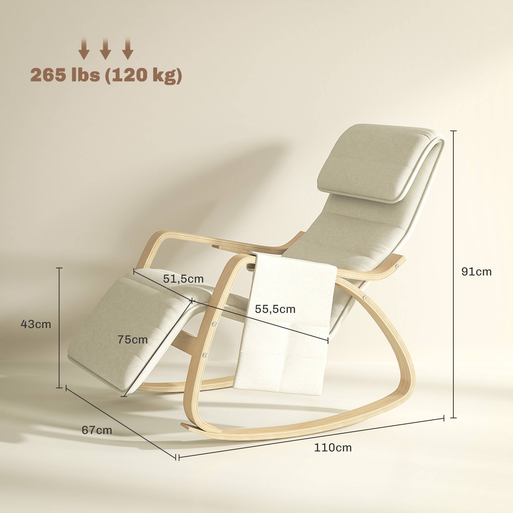 Sans Marque - Fauteuil relax à bascule fauteuil allaitement avec repose-pieds réglable, poche latérale et appui-tête, blanc crème - Image 5